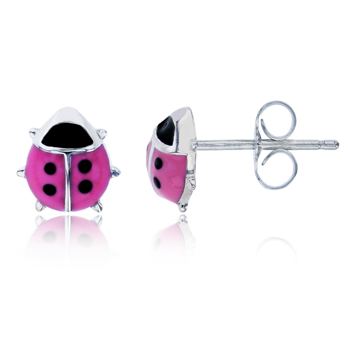 Sterling Silver Rhodium 7x7mm Pink & Black Enamel Ladybug Stud Earring