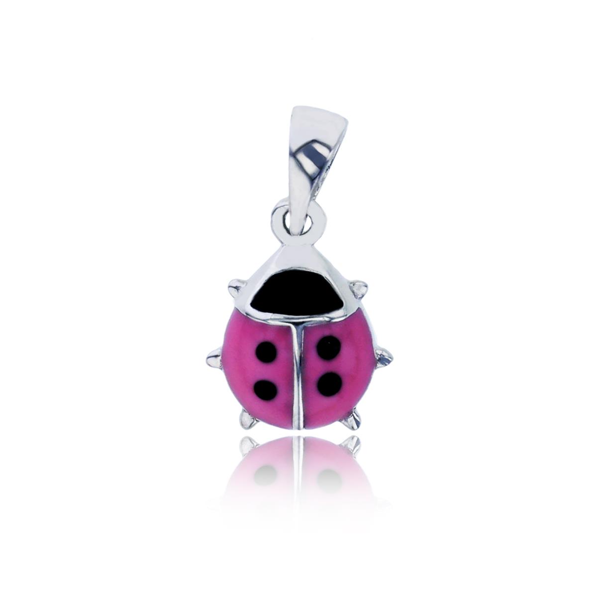 Sterling Silver Rhodium 14x8mm Pink & Black Enamel Ladybug Pendant