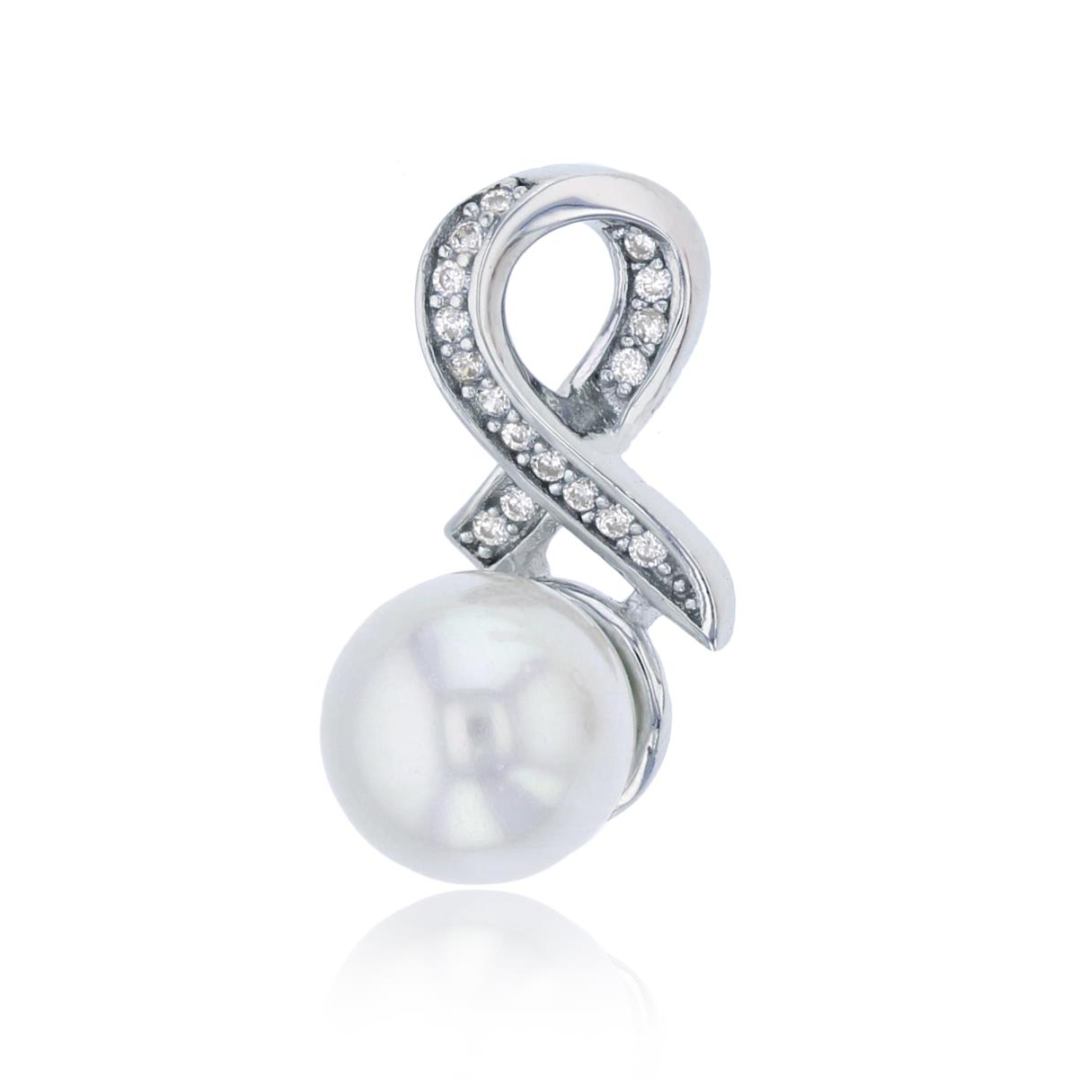 Sterling Silver Rhodium 8mm Freshwater Pearl with Micropave Ribbon Bail Pendant