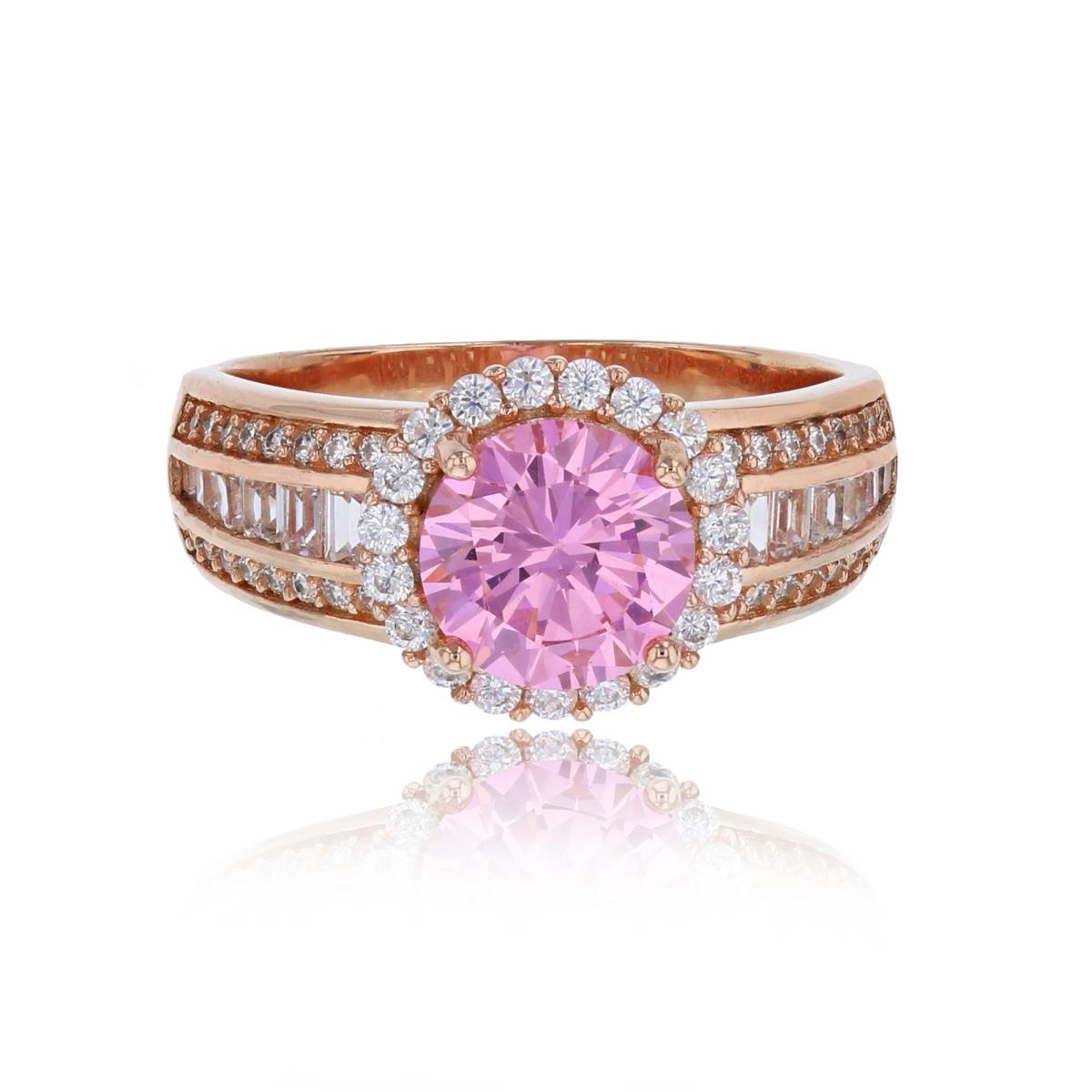 Sterling Silver Rose 8mm Pink Round Cut CZ White Halo with Micropave Rd & Baguette Sides Eng Ring
