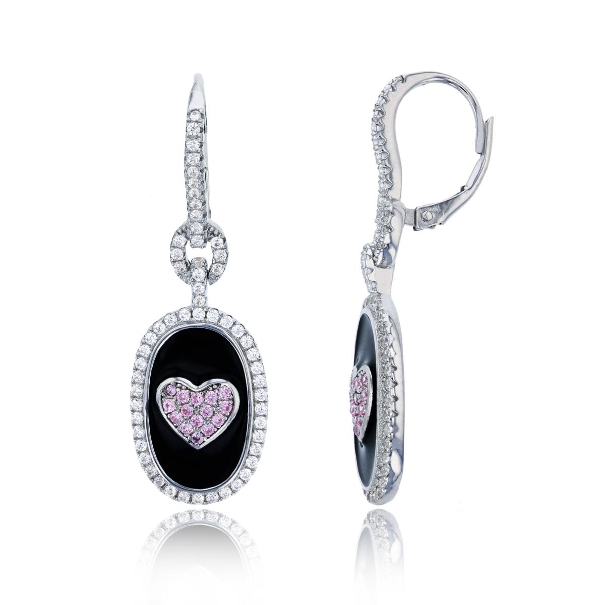 Sterling Silver Rhodium 40x13mm Micropave Pink Heart & Black Enamel Background White CZ Frame Oval Lever-Back Earring