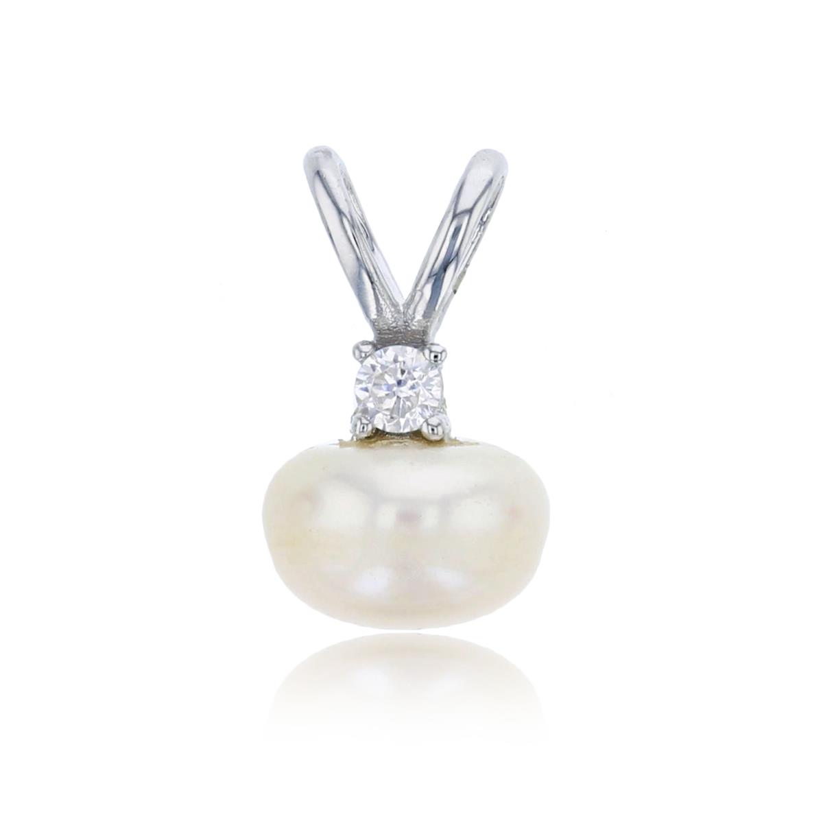 Sterling Silver Rhodium 8.50mm Freshwater Pearl & Rd Cut CZ Double Bail Pendant