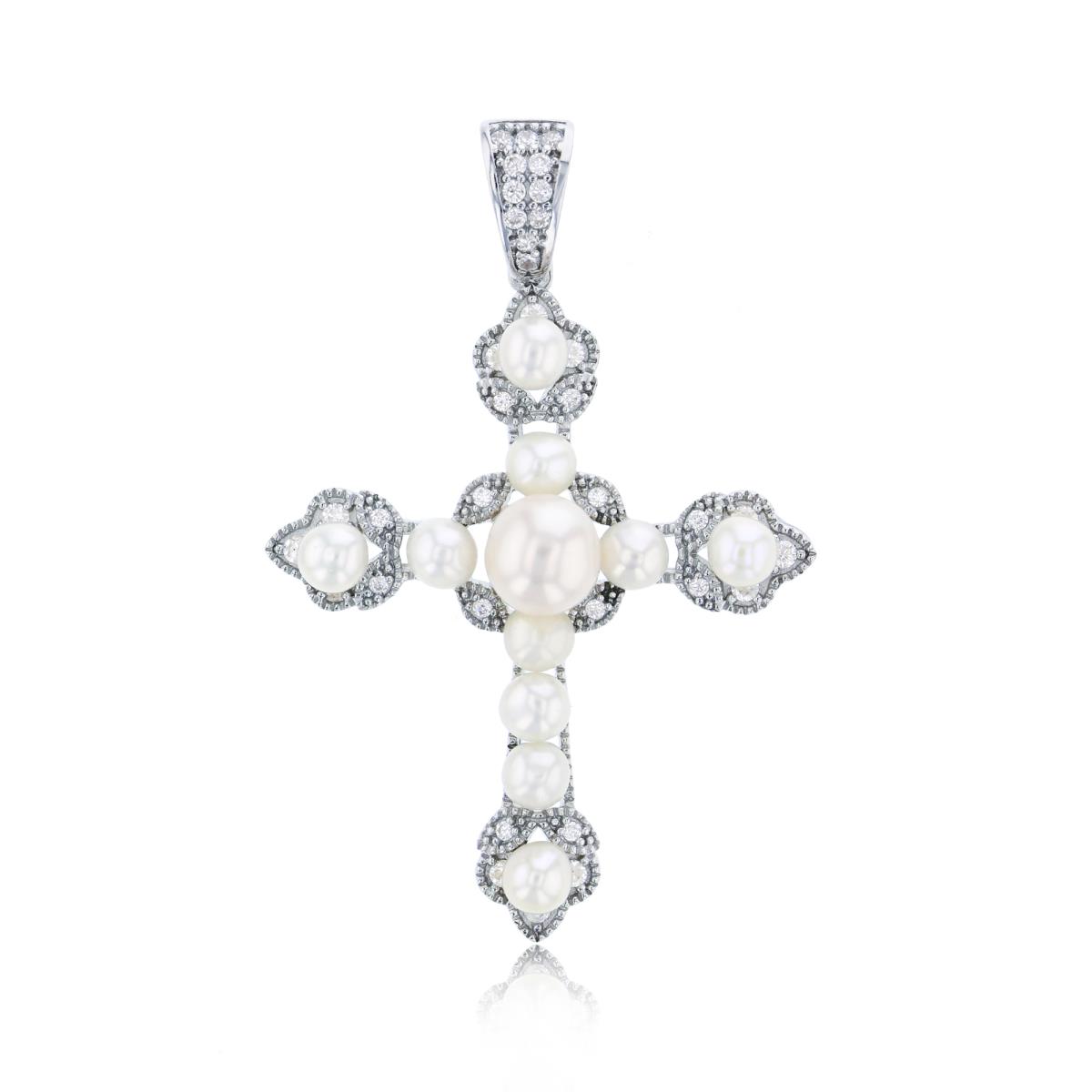 Sterling Silver Rhodium 6mm & 3mm Freshwater Pearls & Clear CZ Cross Pendant