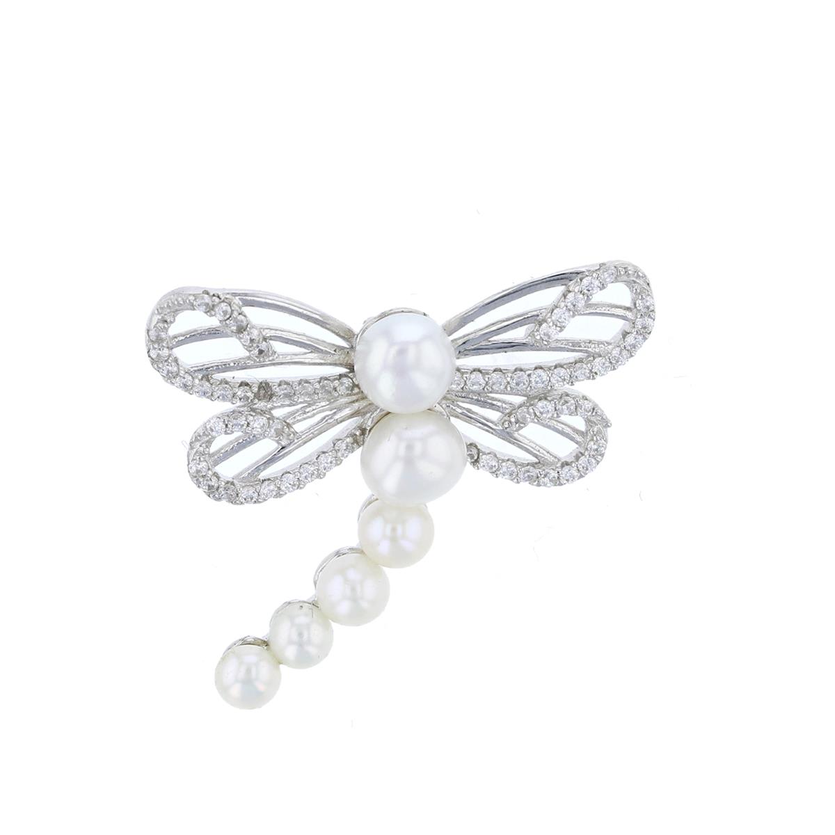 Sterling Silver Rhodiu Graduated Freshwater Pearls & CZ Dragonfly Pendant