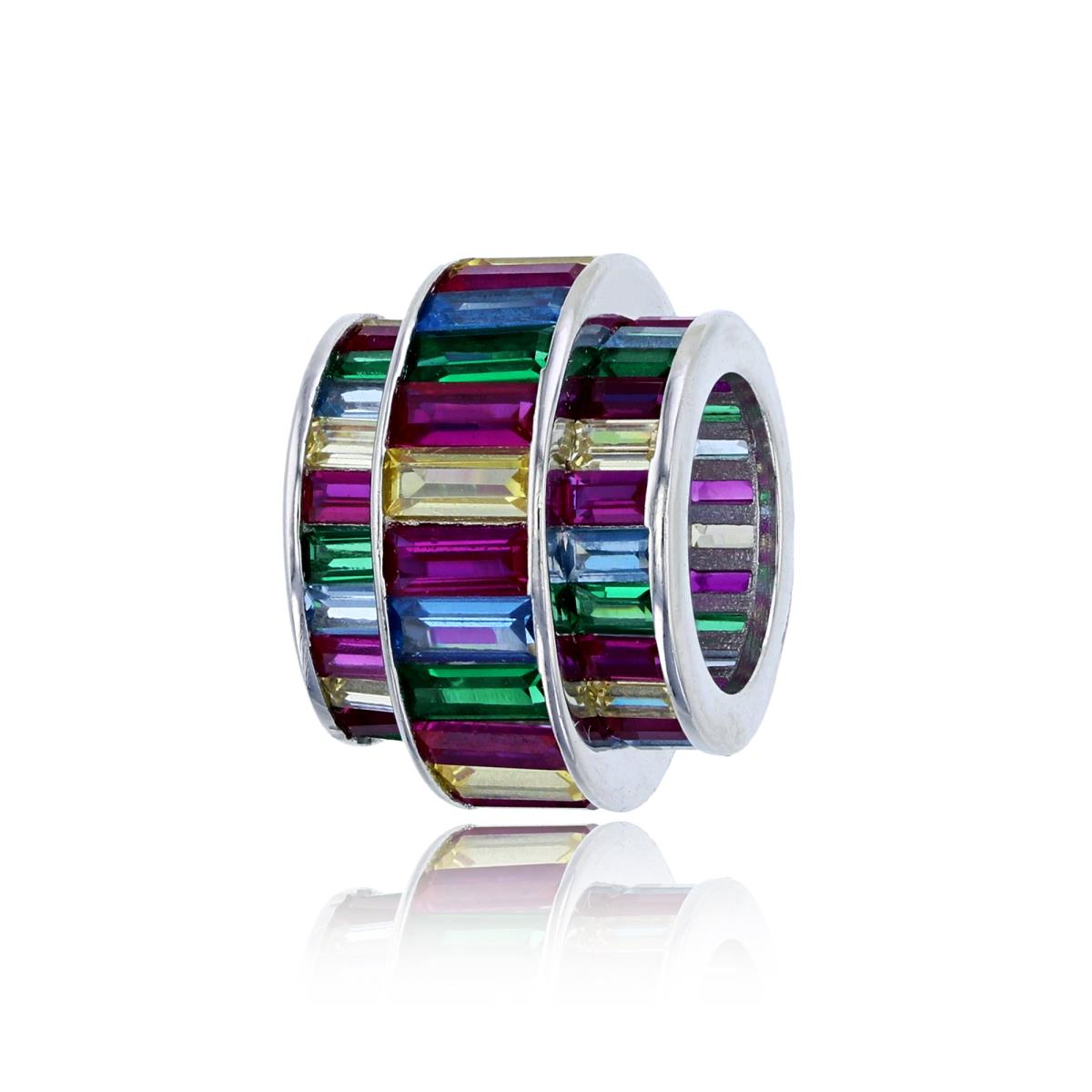 Sterling Silver Rhodium 3-Row Multi Color Baguette CZ Ring Pendant