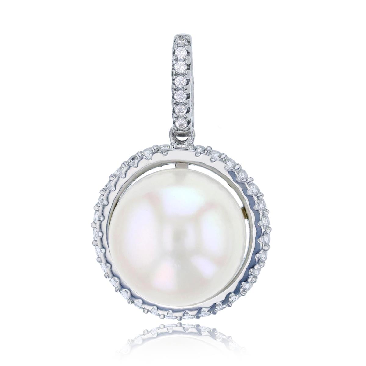 Sterling Silver Rhodium 13mm Freshwater Pearl & Micropave Circle Frame Pendant