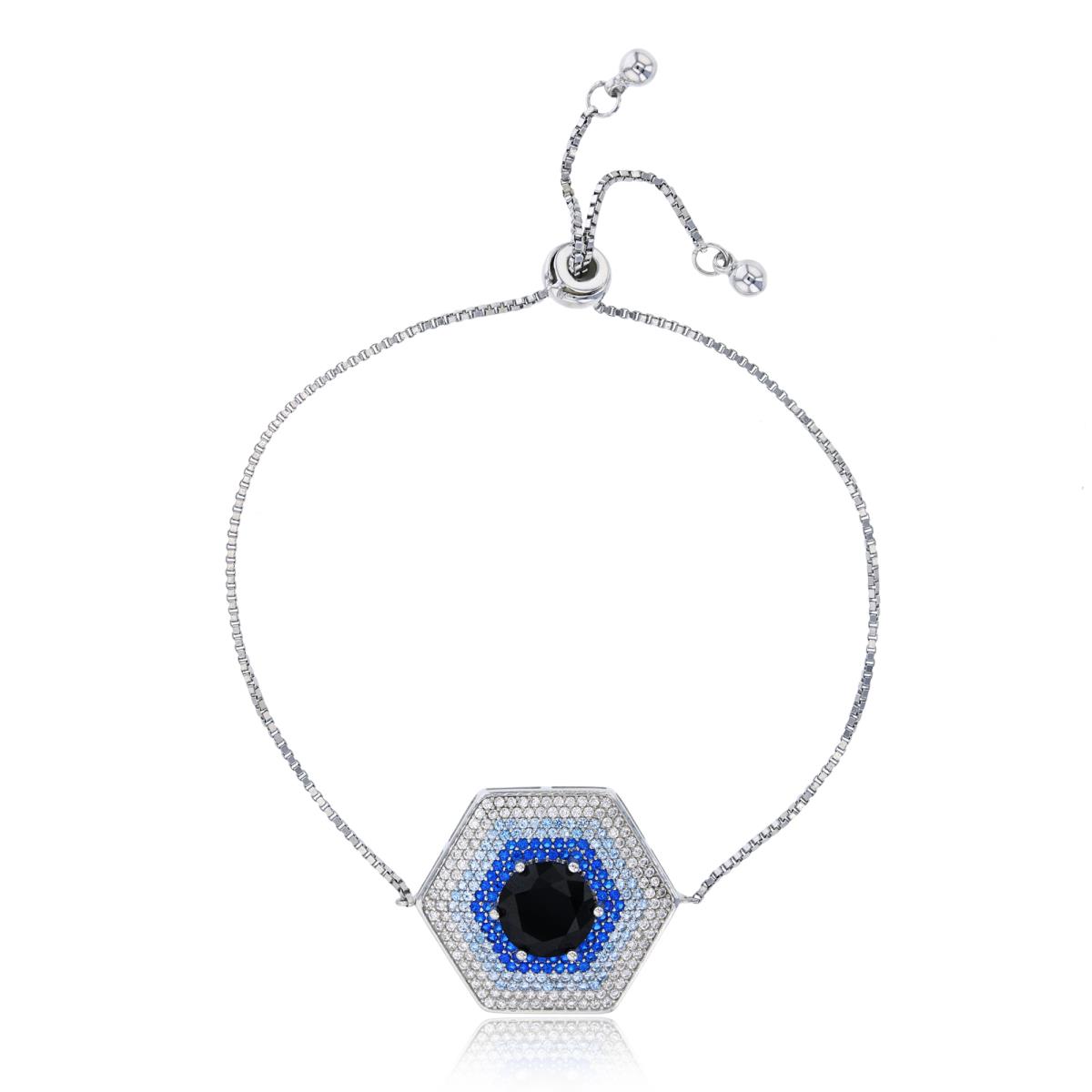 Sterling Silver Rhodium 9mm Black Rd Cut CZ Hexagon Evil Eye Adjustable Bracelet
