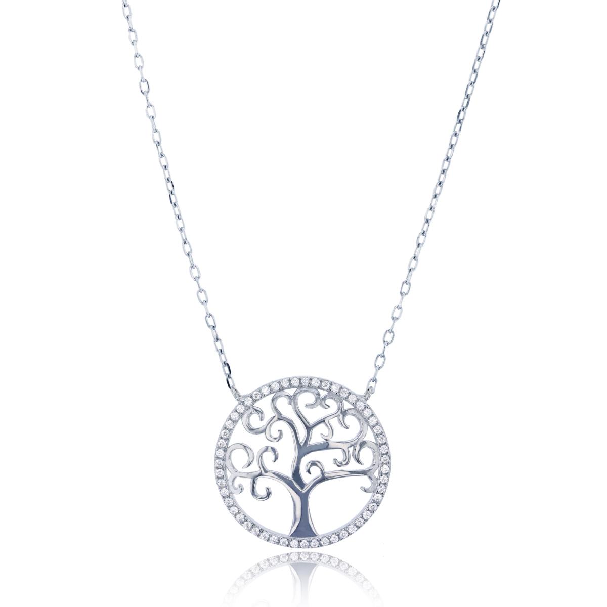 Sterling Silver Rhodium Polished Tree of Life Micropave Frame 16.5"+2" Necklace