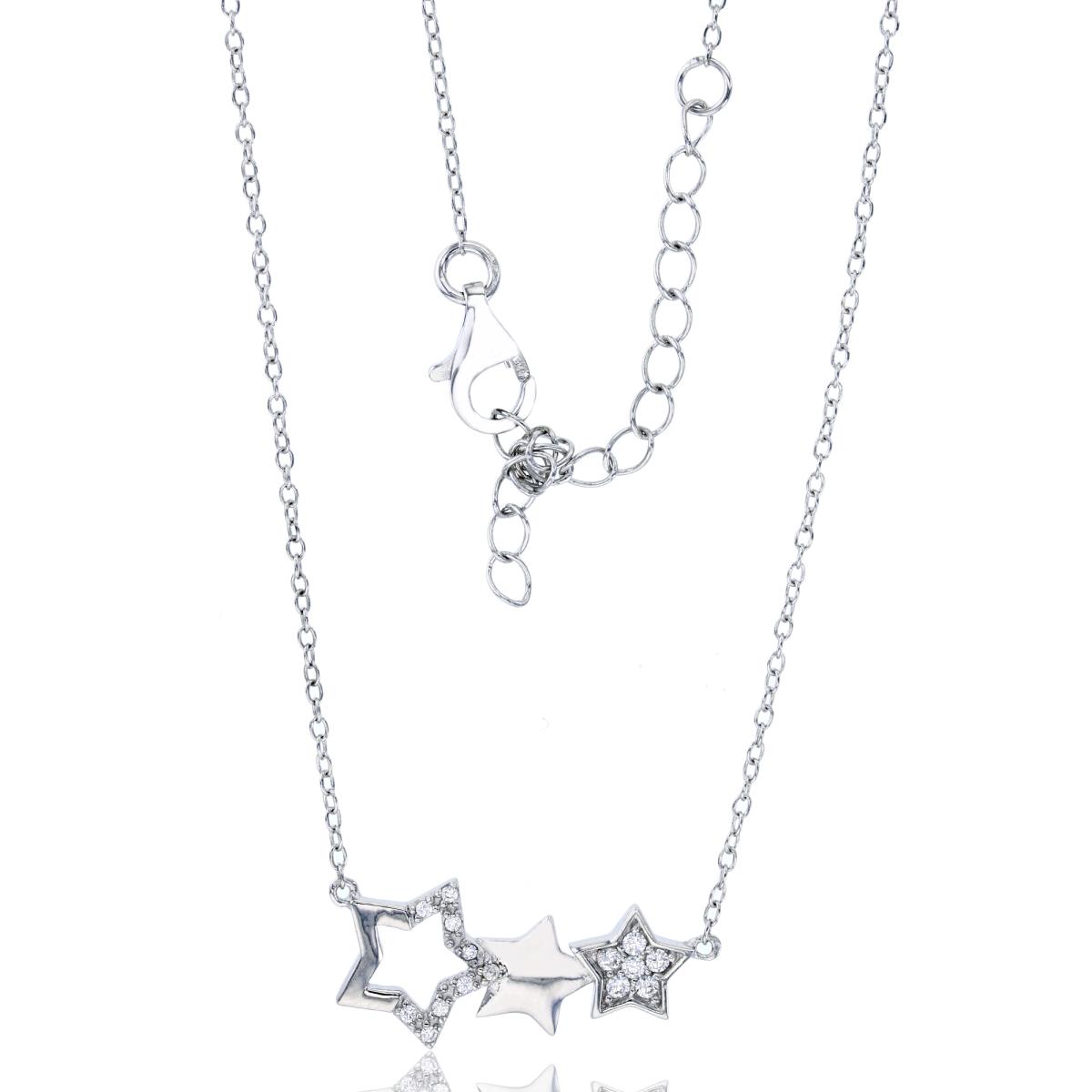 Sterling Silver Rhodium Polished & Micropave Triple Star 15"+2" Necklace