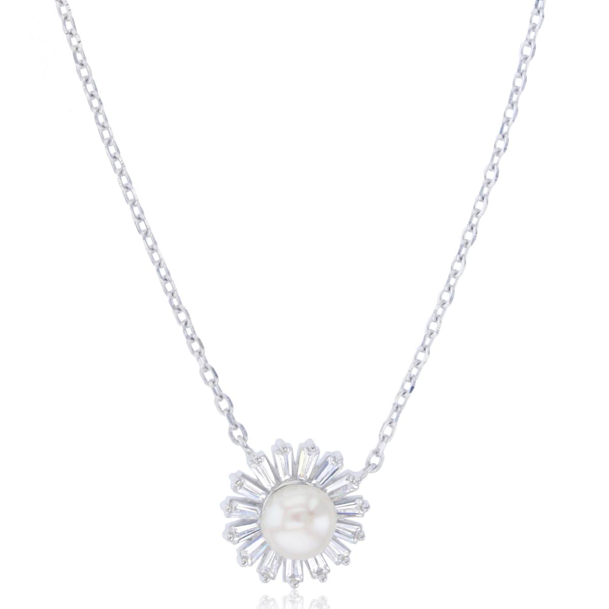 Sterling Silver Rhodium 6.5mm Freshwater Pearl & Baguette CZ Flower 17"+1" Necklace