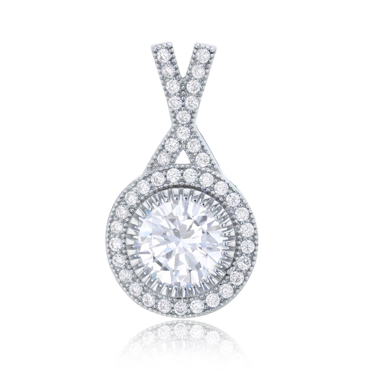 Sterling Silver Rhodium 8.5mm Round Cut CZ & Micropave Halo Crossed Pendant