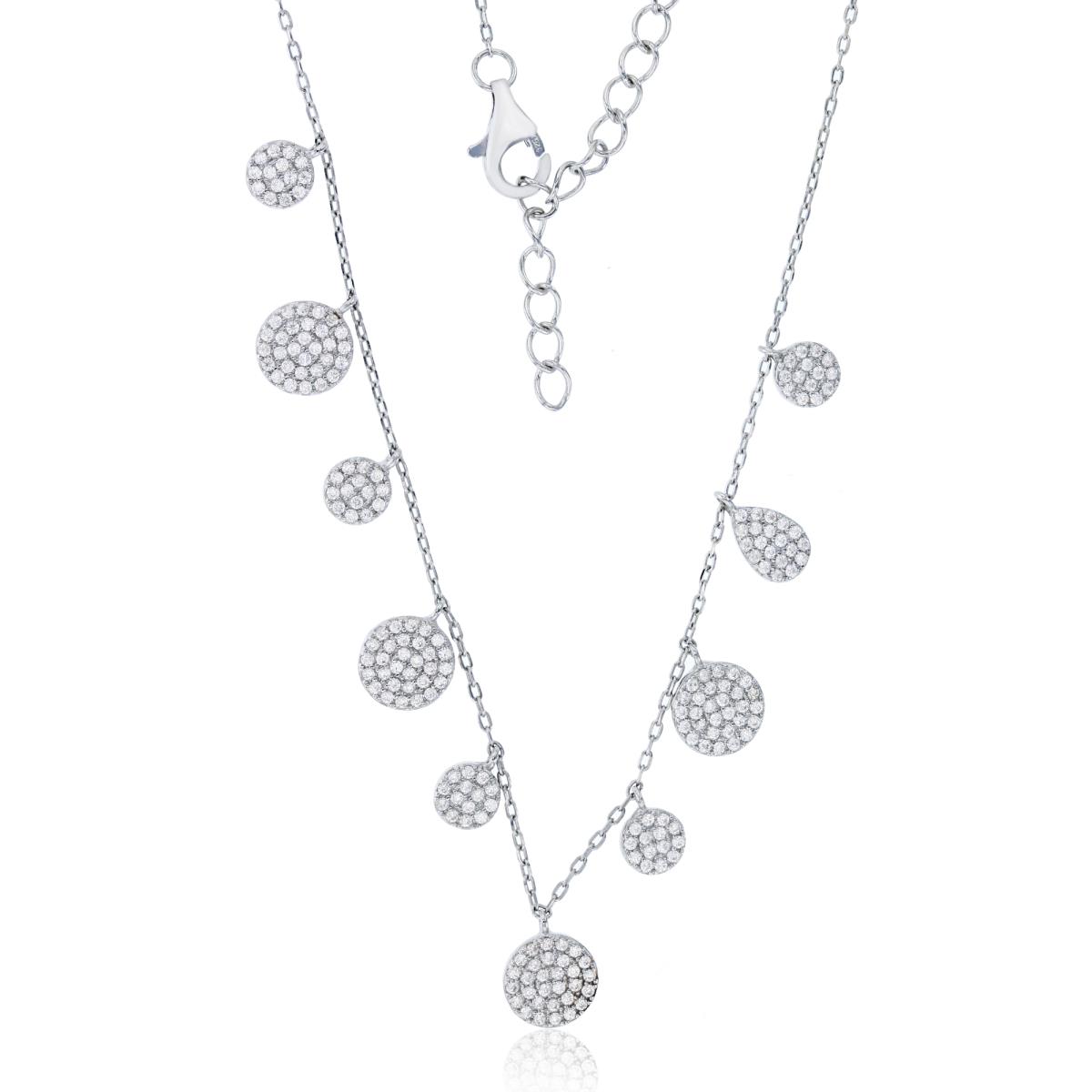 Sterling Silver Rhodium Dangling Micropave Circle & Pear Shapes 16.5"+2" Necklace
