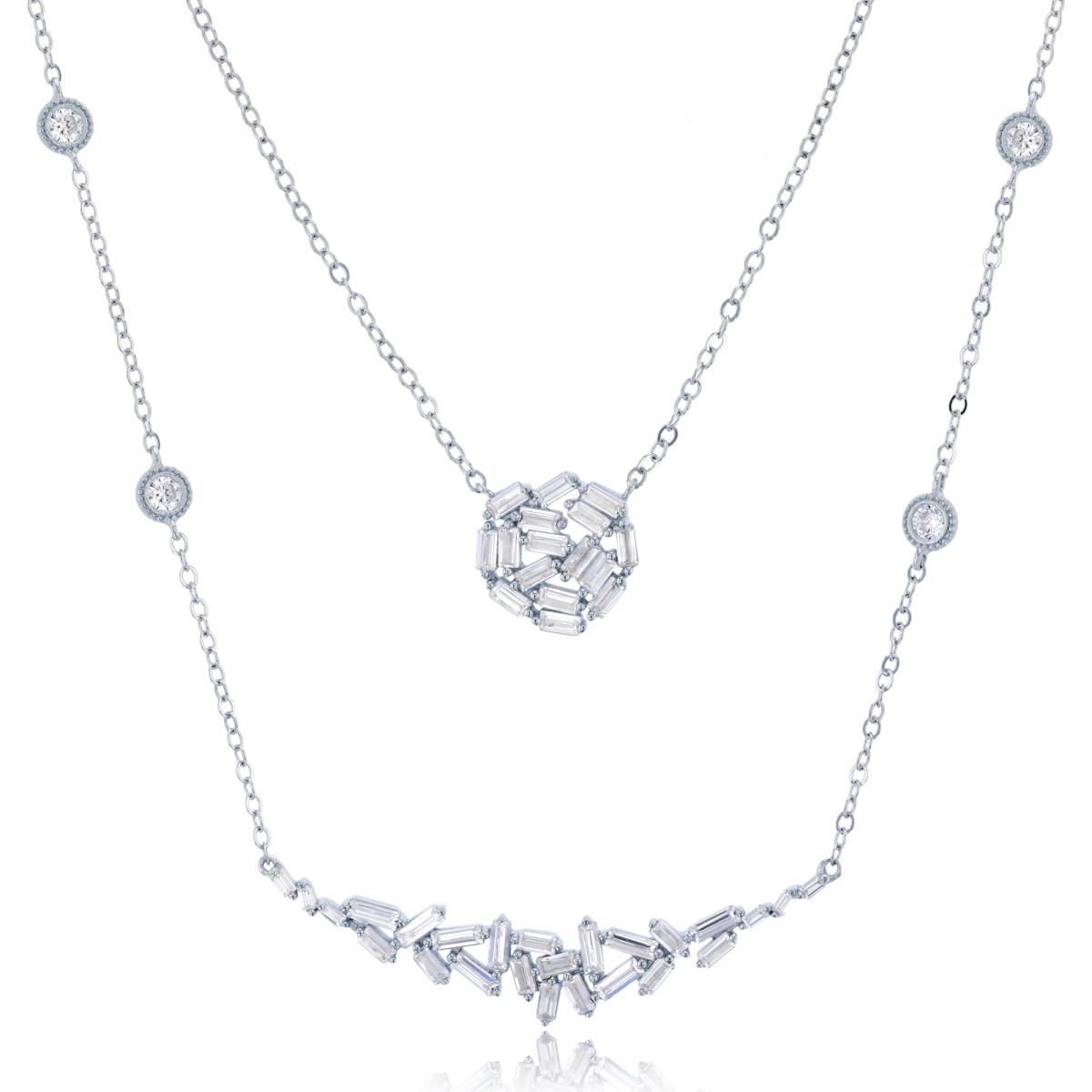 Sterling Silver Rhodium Floating Round & Baguette Cut CZ Double Layered 15"+2" Necklace