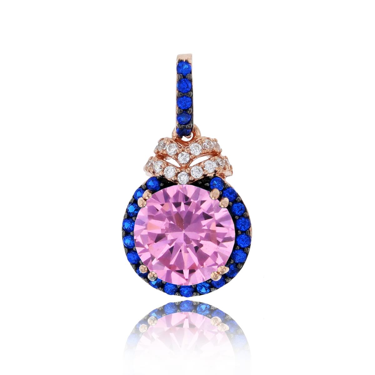 Sterling Silver Rose 8mm Pink Round Cut Sapphire & White CZ Halo Pendant