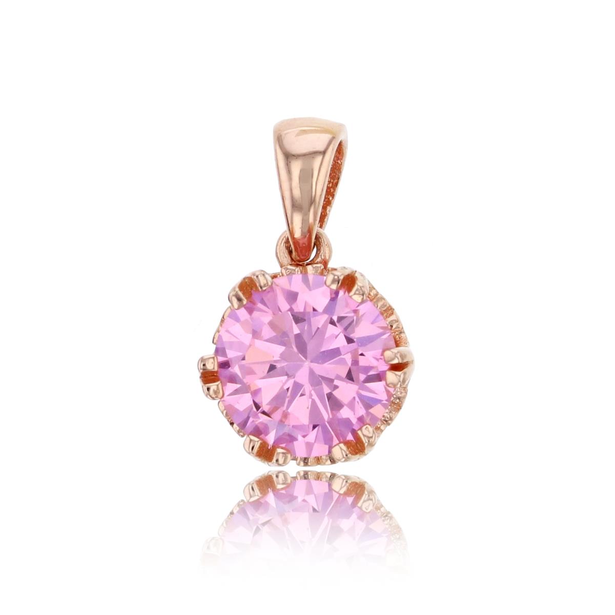 Sterling Silver Rose 8mm Pink Round Cut CZ Solitaire Pendant