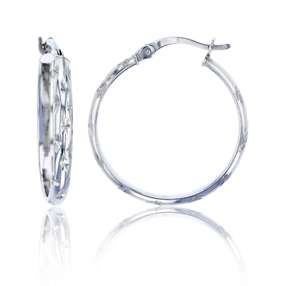 Sterling Silver Rhodium 25x3mm Star Diamond Cut Hoop Earring
