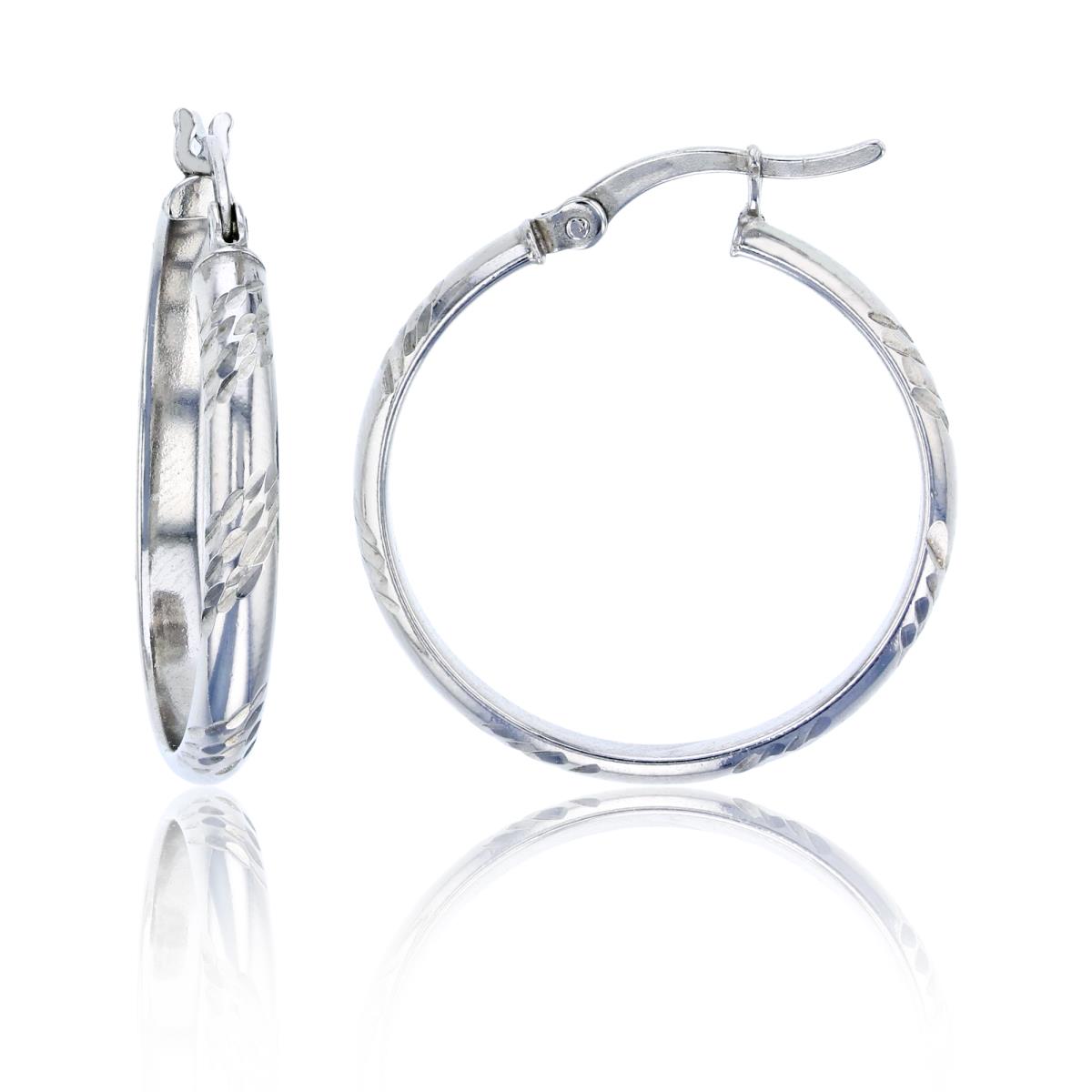 Sterling Silver Rhodium 25x3mm Alternating Diamond Cut & Polished Hoop Earring