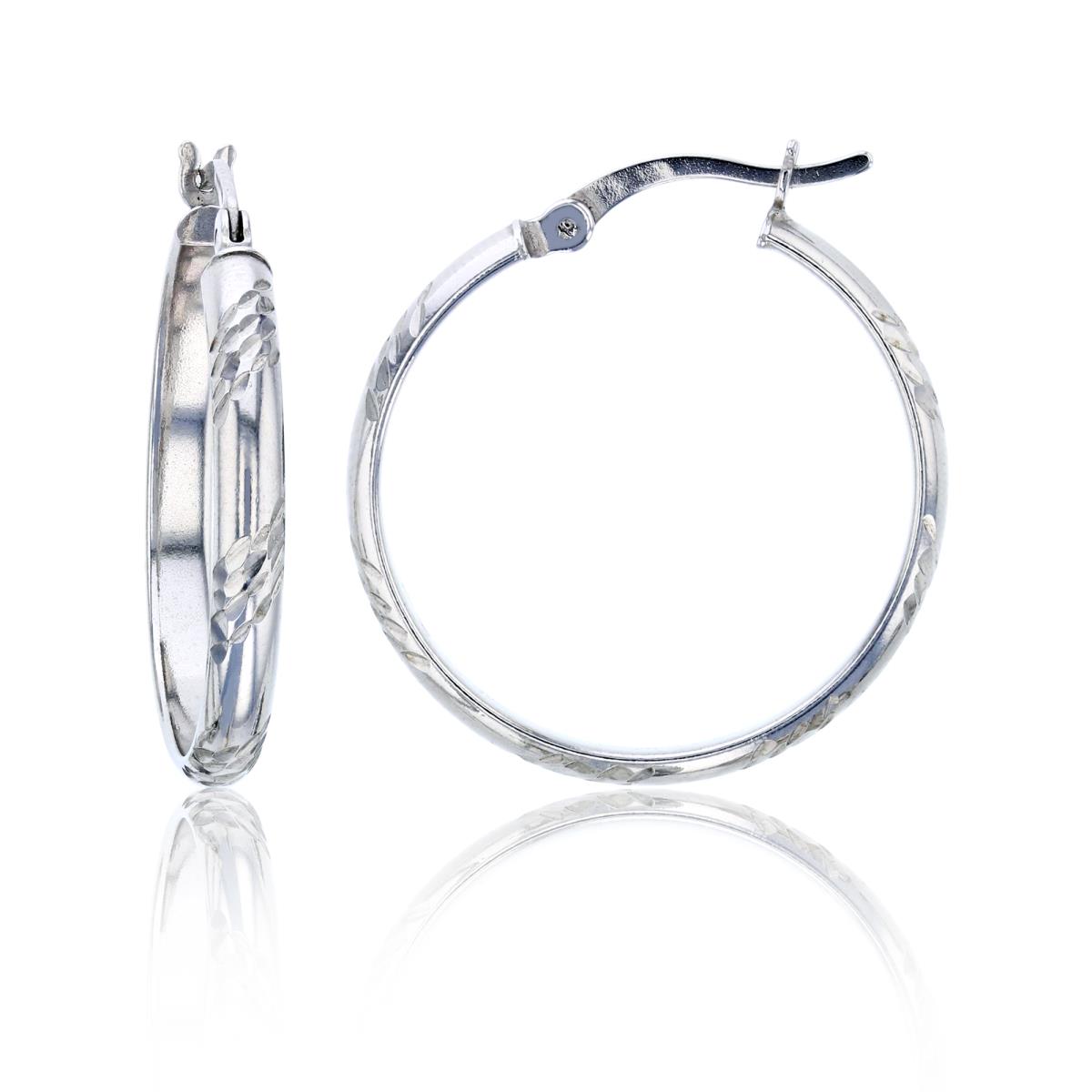Sterling Silver Rhodium 25x3mm Alternating Diamond Cut & Polished Hoop Earring