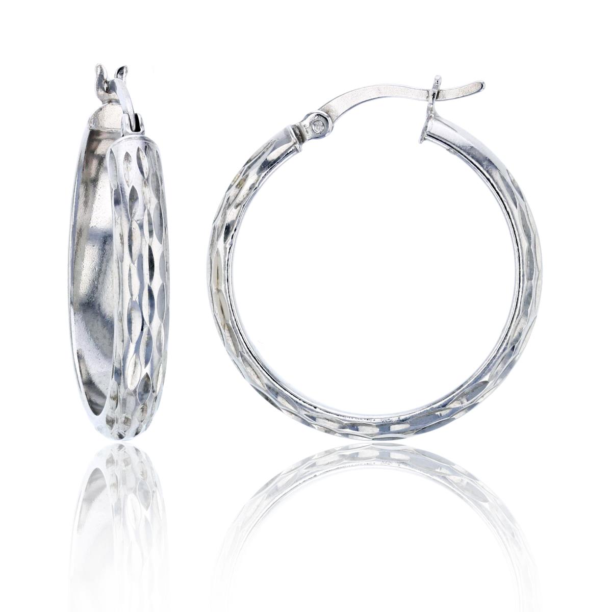 Sterling Silver Rhodium 25x4mm Vertical Diamond Cut Hoop Earring