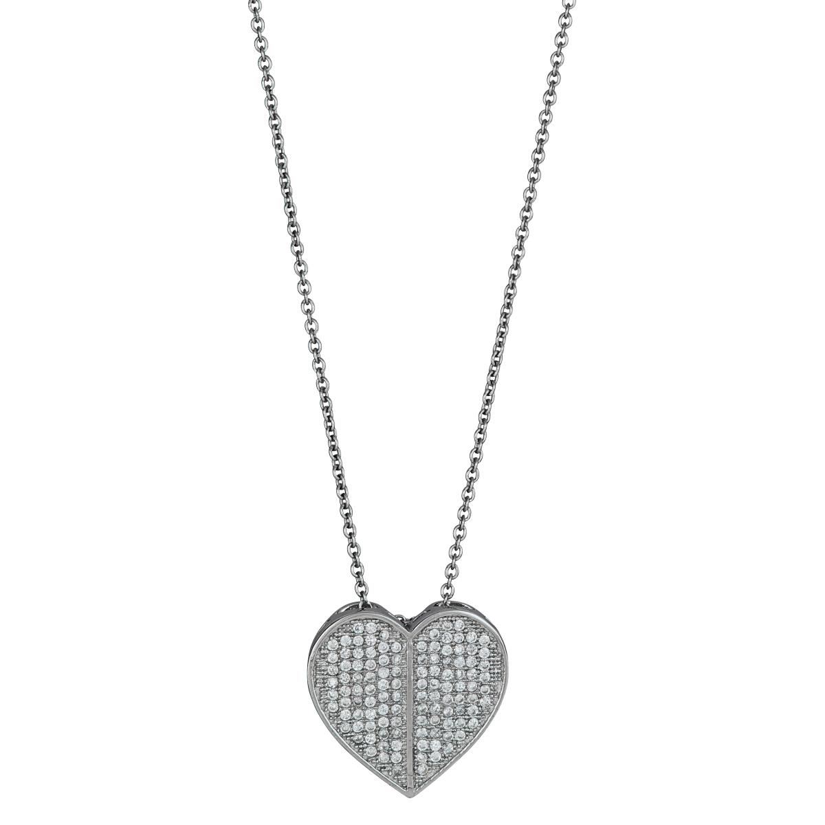 Sterling Silver Rhodium Micropave Heart Pendant