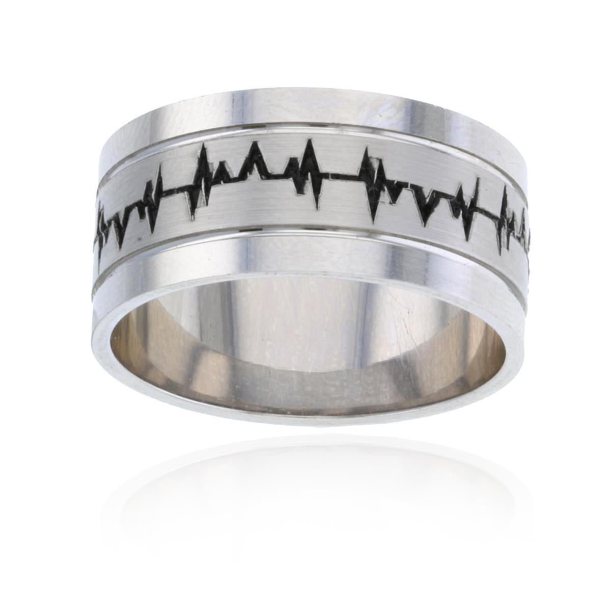 Sterling Silver Rhodium 10mm Etched Heart Beat Chart Men's Band Ring