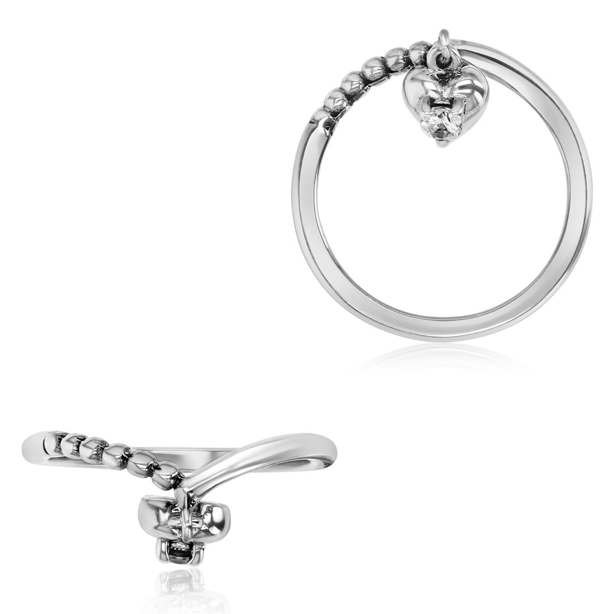 Sterling Silver Rhodium 3mm Round Cut CZ Inside Polished Dangling Heart Fashion Ring