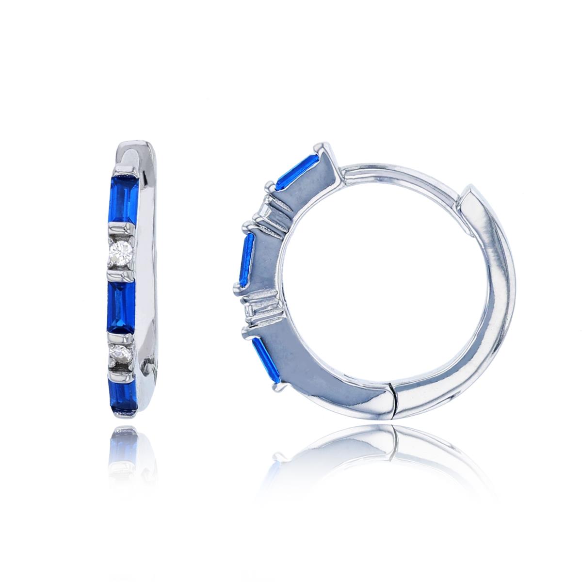 Sterling Silver Rhodium 14x2mm Alternating Sapphire Baguette & White Rd CZ Huggie Earring