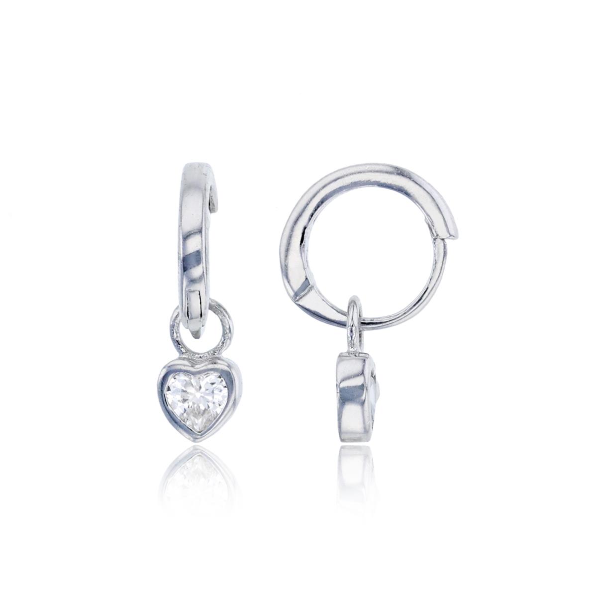 Sterling Silver Rhodium 3.5mm Heart Cut CZ Dangling Bezel Huggie Earring