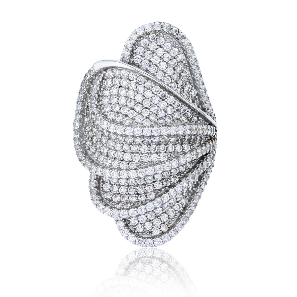Sterling Silver Rhodium Micropave Petal Cocktail Ring