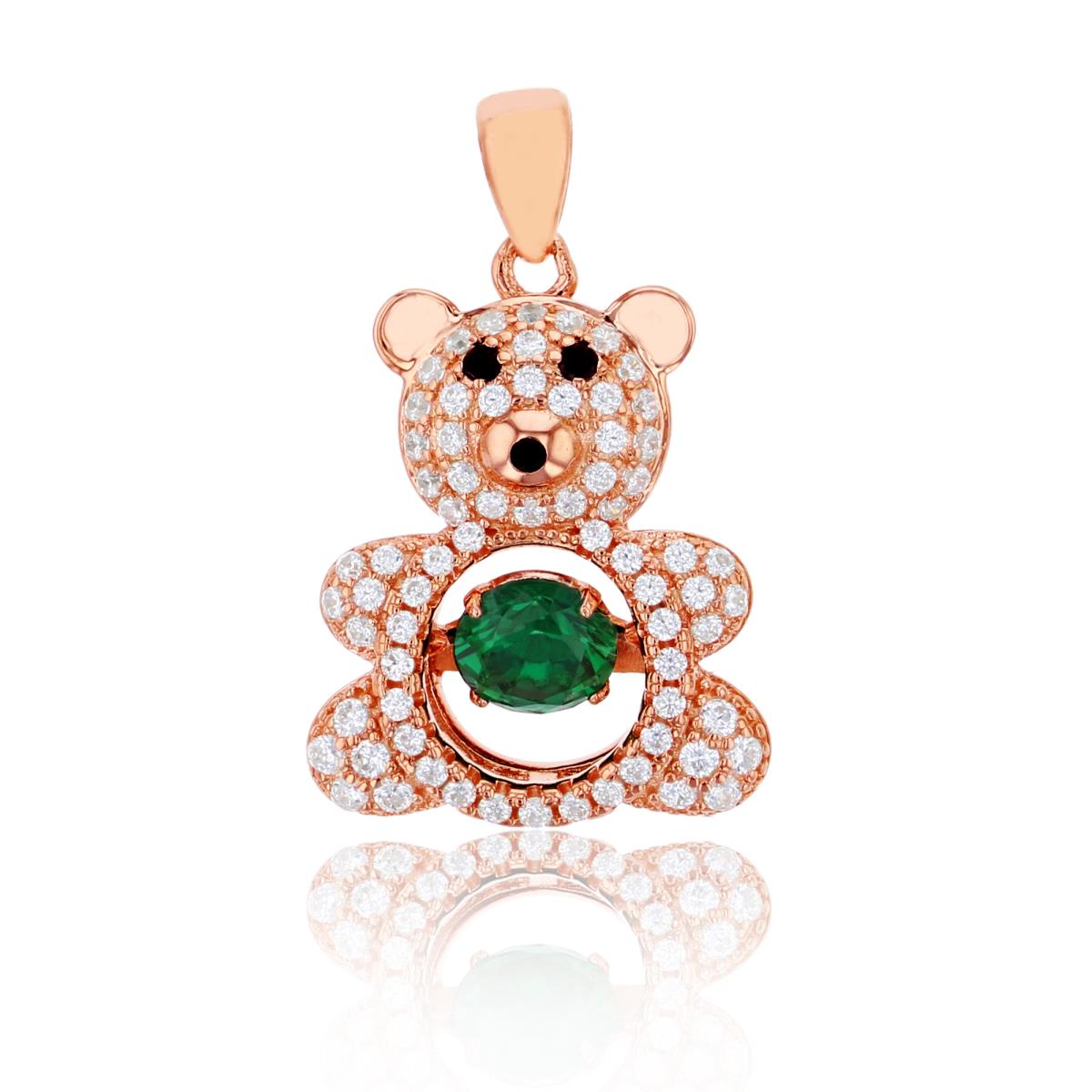 Sterling Silver Rose 5mm Green Rd Cut & Micropave CZ Teddy Bear Pendant