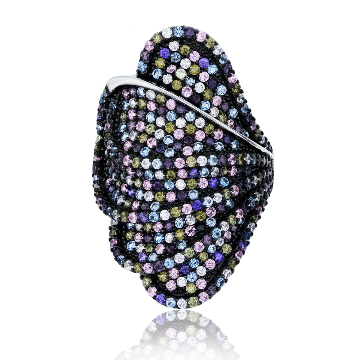 Sterling Silver Black & Rhodium Micropave Multi Color CZ Petal Coctail Ring