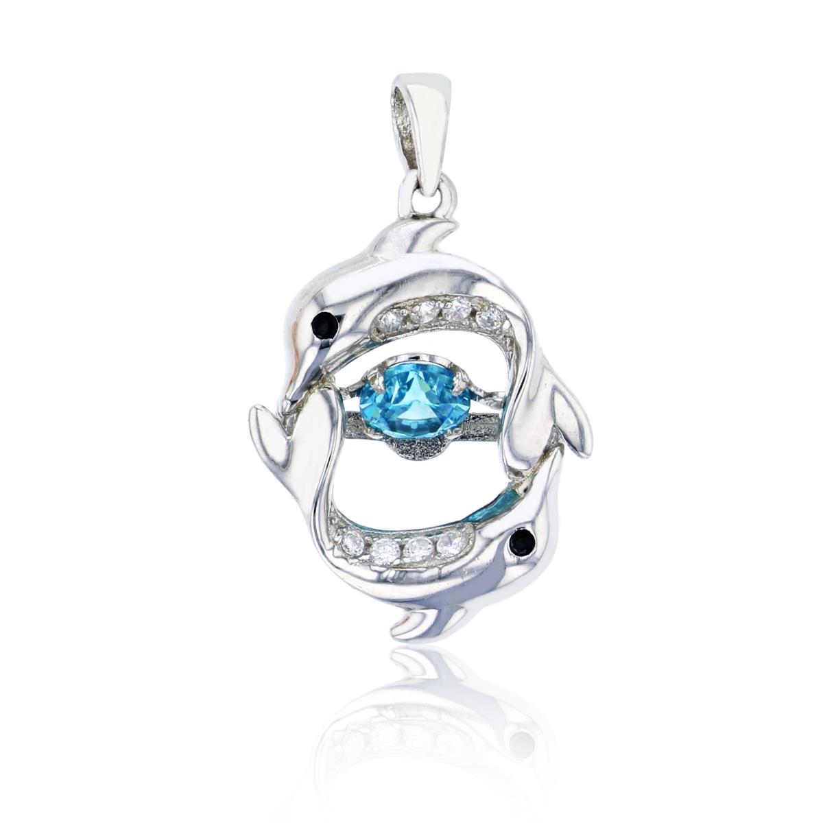 Sterling Silver Rhodium 5mm Sky Blue Rd Cut CZ Rotating Dolphins Pendant