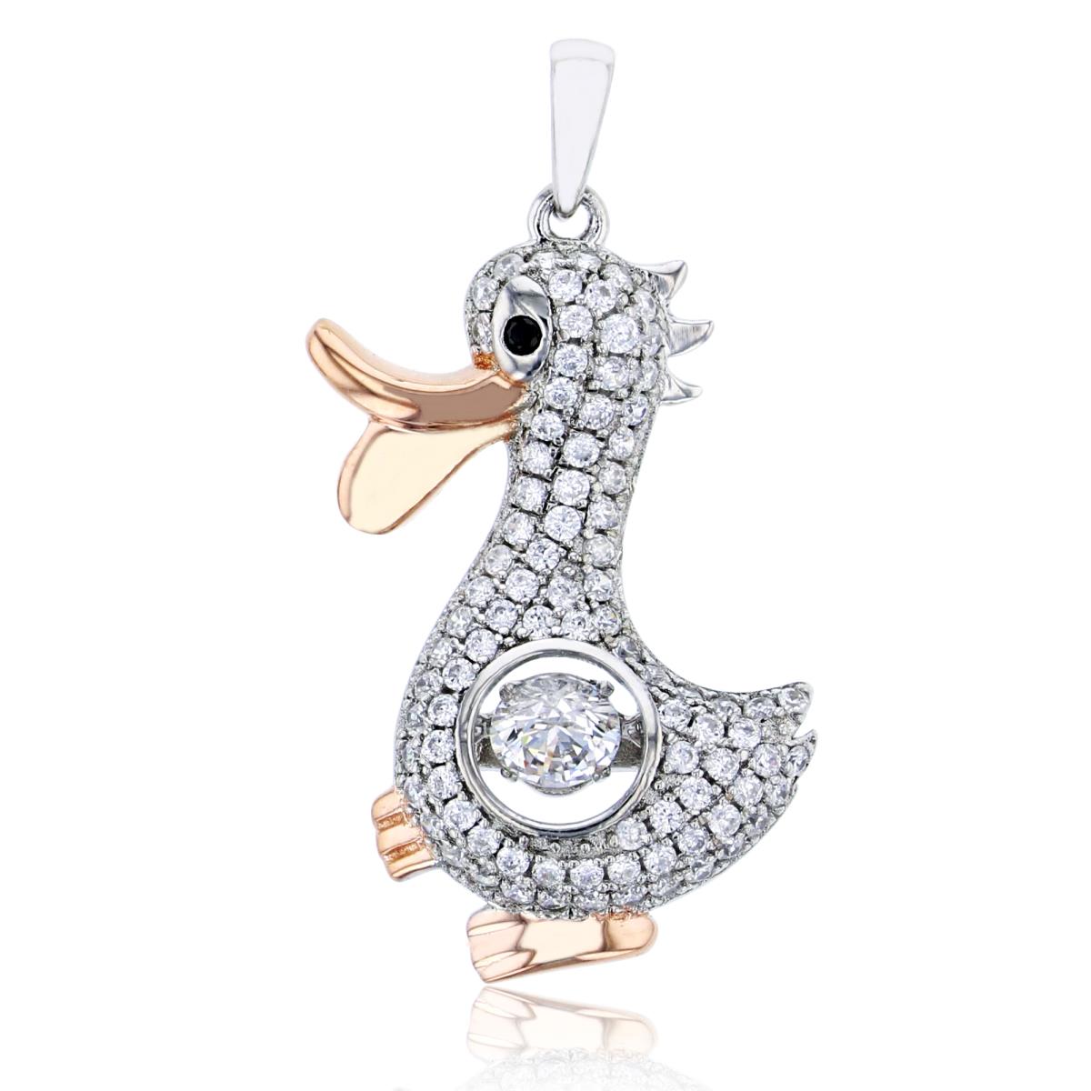 Sterling Silver Rose & White Micropave Duck Pendant