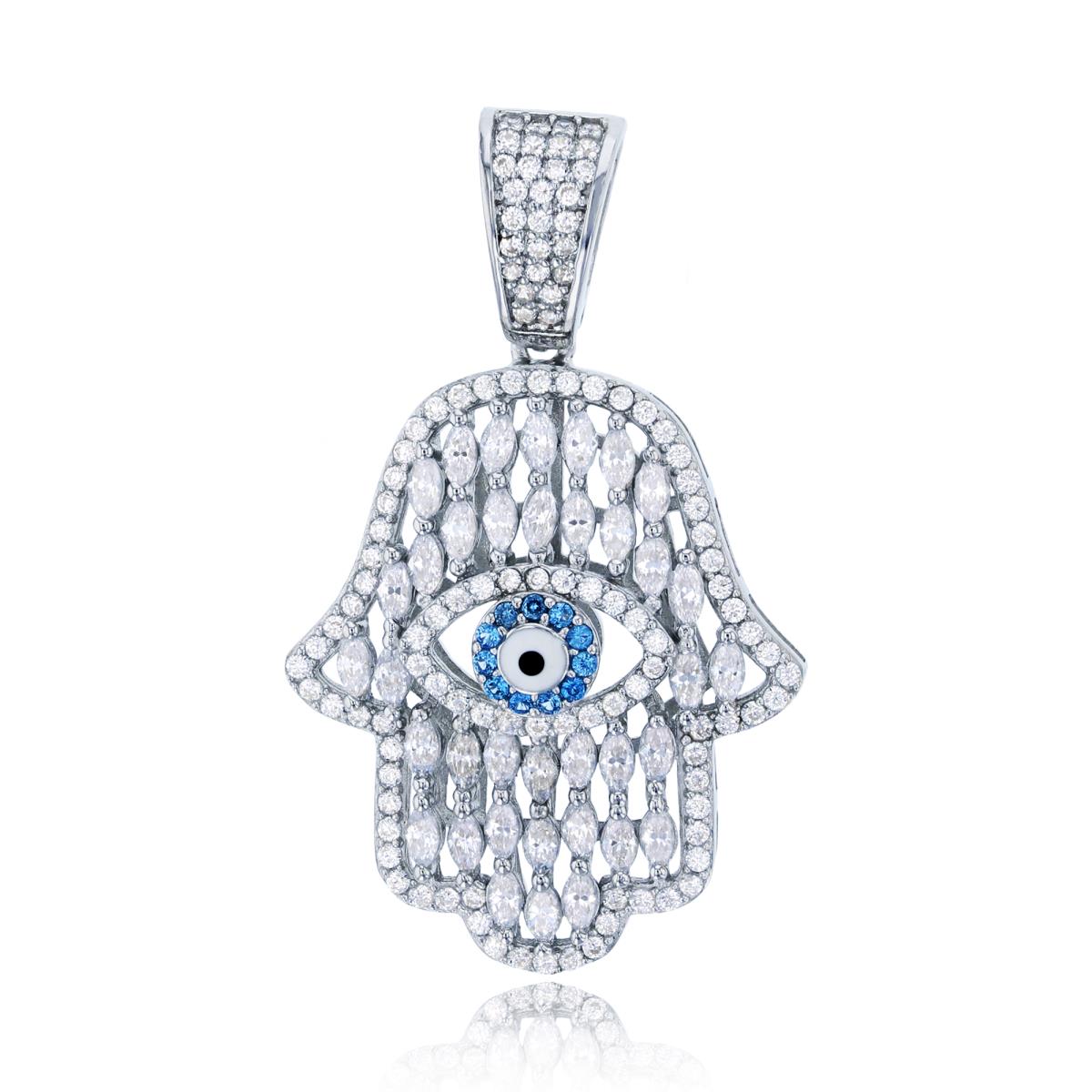 Sterling Silver Rhodium 39x23mm Micropave Rd & Marquise Cut CZ Evil Eye within Hamsa Pendant