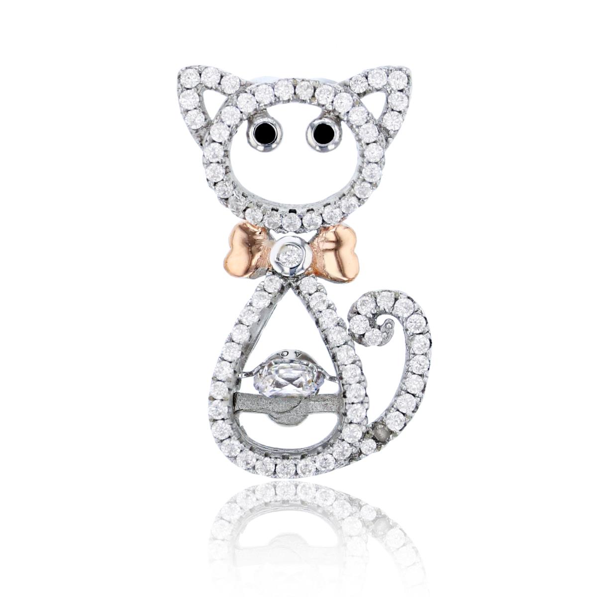 Sterling Silver Rose & Rhodium Micropave Cat Pendant