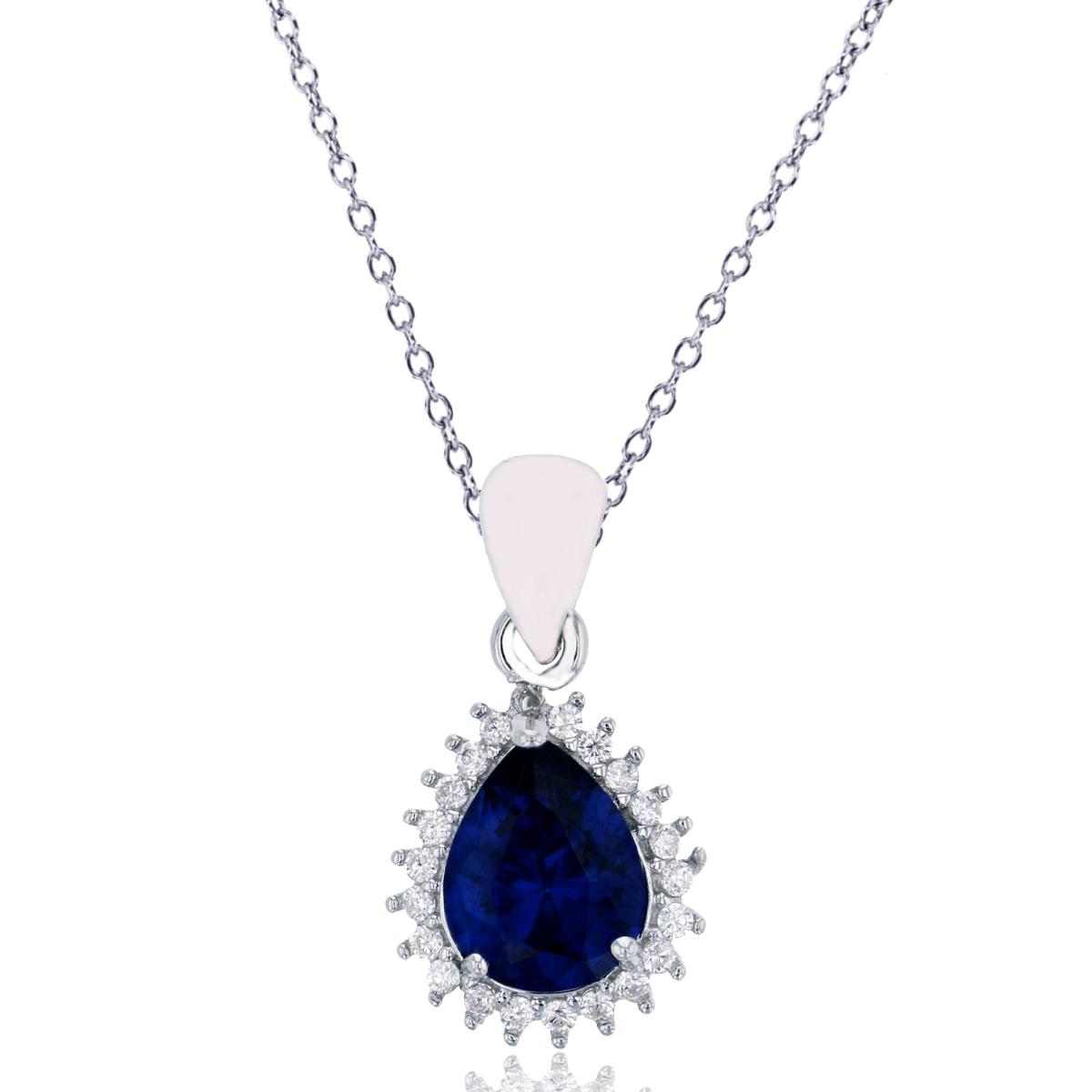 Sterling Silver Rhodium 9x6mm Sapphire Pear Cut & White CZ Halo 18" Necklace