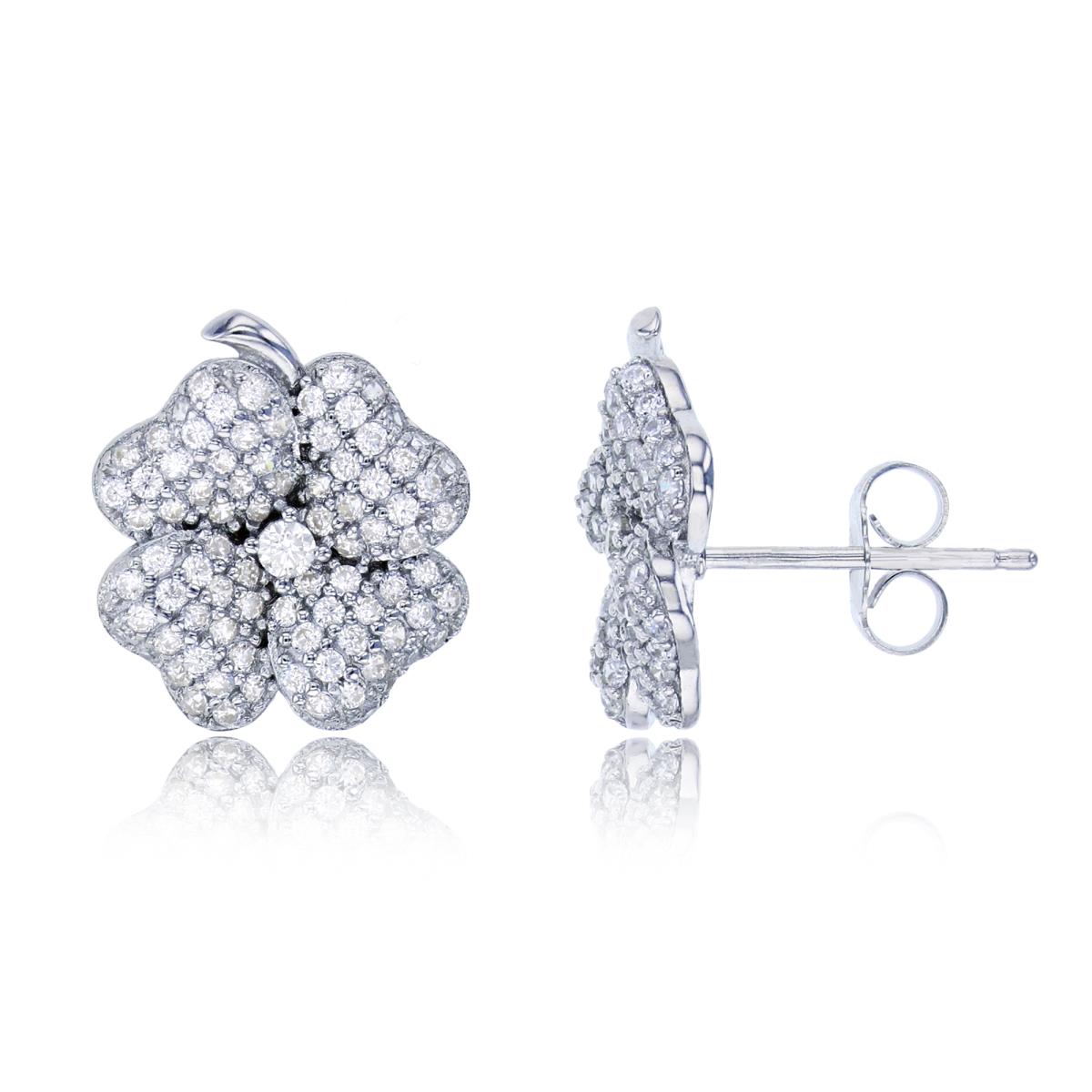 Sterling Silver Rhodium 13x13mm Micropave Flower Stud Earring
