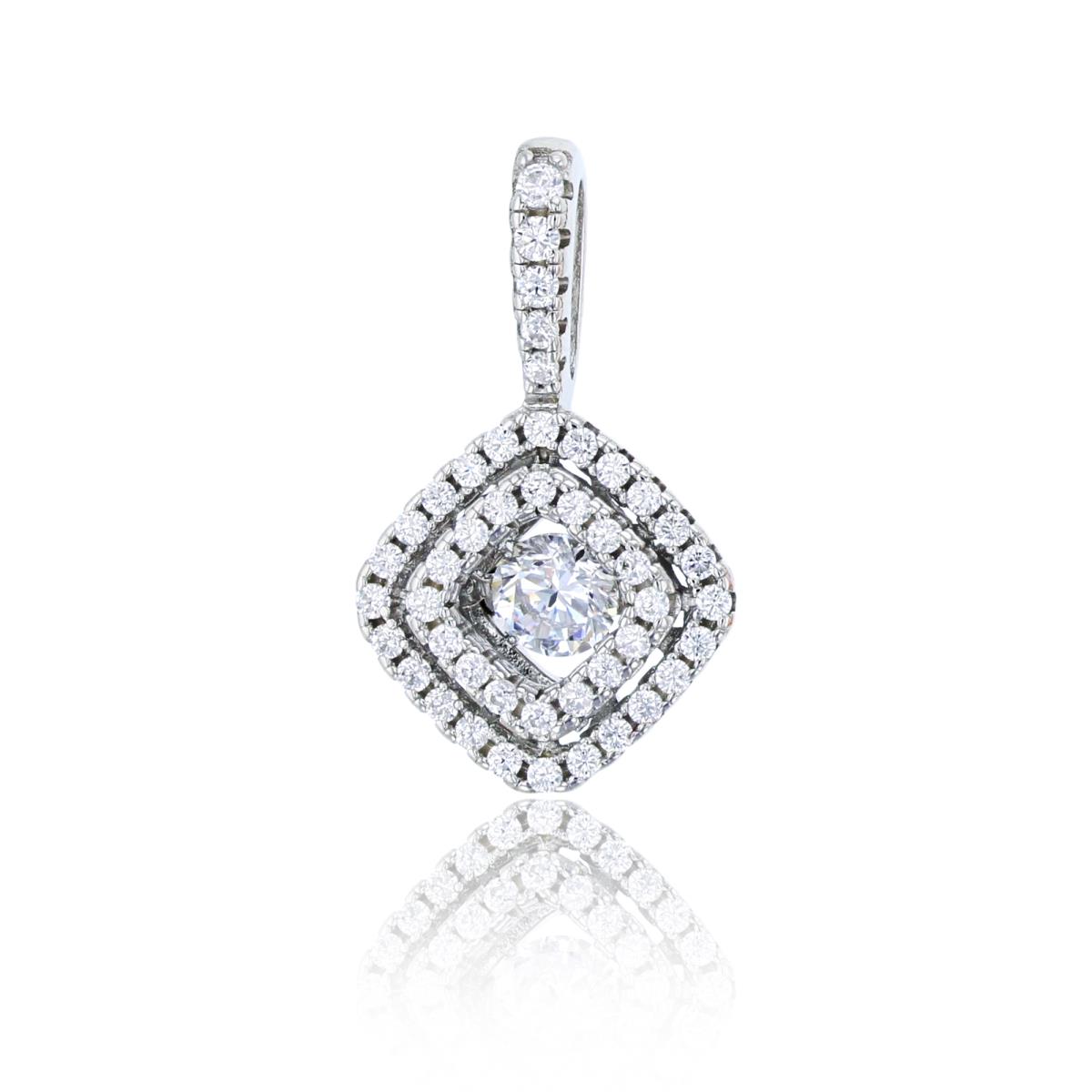 Sterling Silver Rhodium 20x12mm Micropave Double Cushion Halo Pendant
