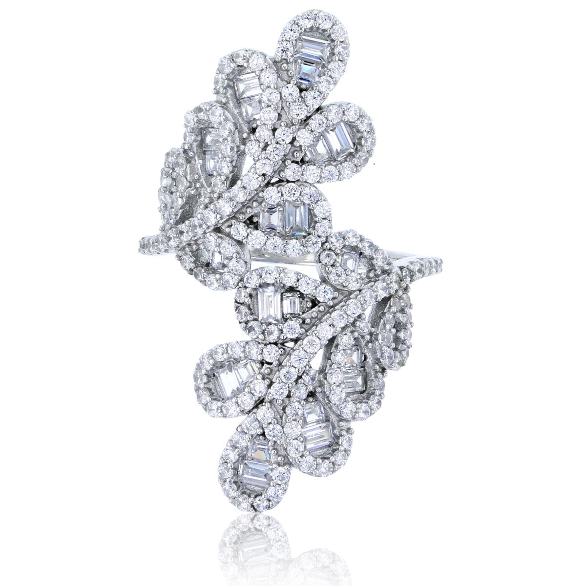 Sterling Silver Rhodium Micropave Rd Cut & Baguette CZ Bypass Leaf Fashion Ring