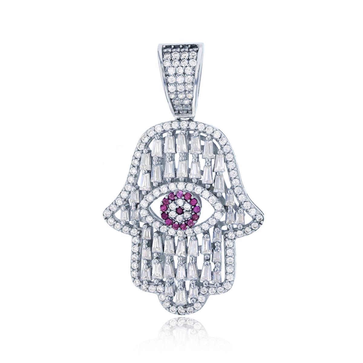 Sterling Silver Rhodium 39x23mm Pave Ruby Rd Cut & White Baguette CZ Evil Eye within Hamsa Pendant