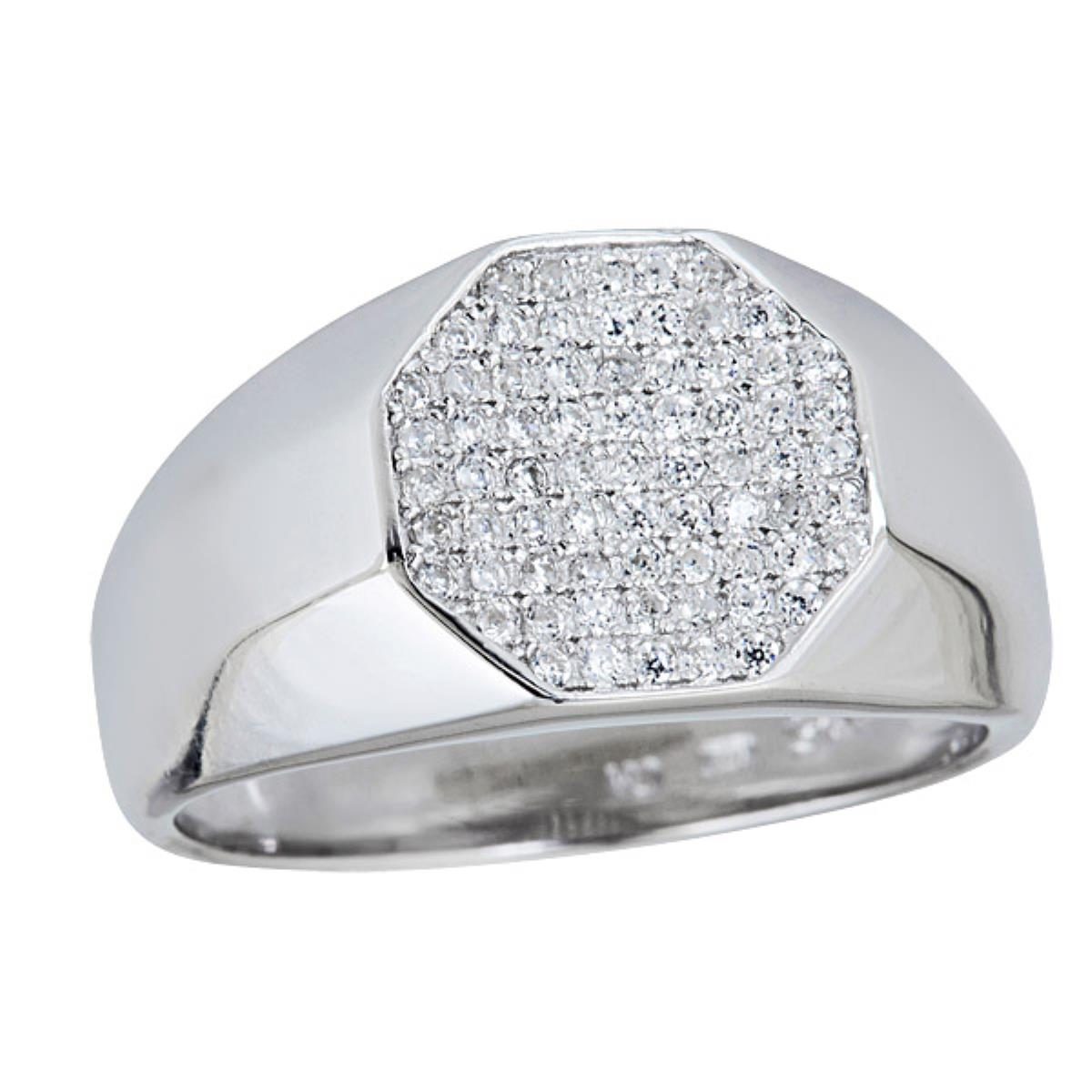 Sterling Silver Rhodium Men's Octagon Pave Ring