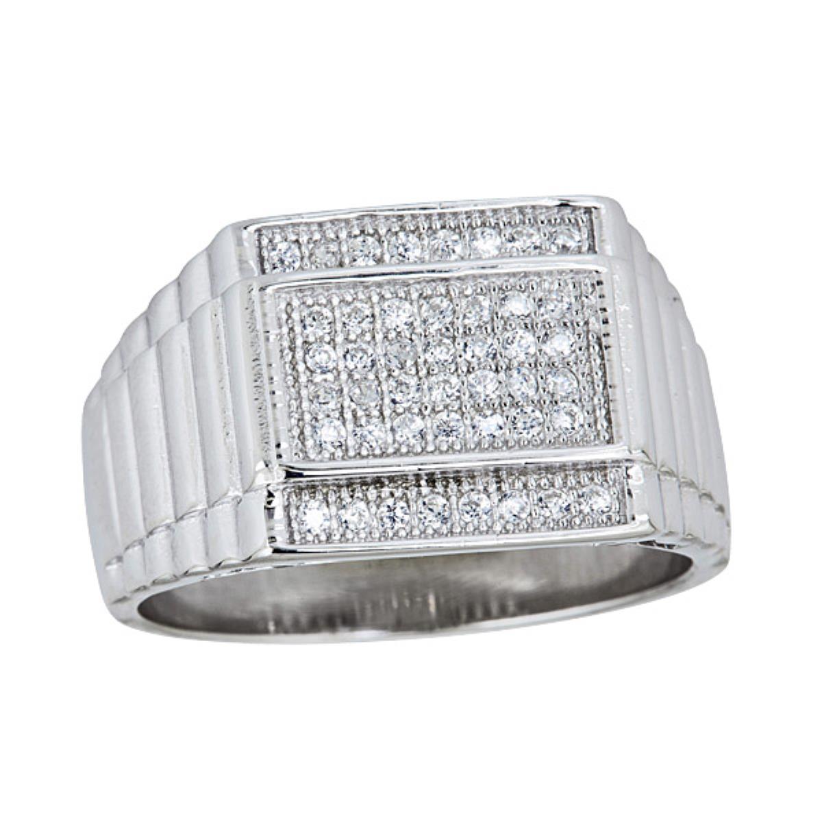 Sterling Silver Rhodium Men's Pave Rectangle-On-Square Cigar Band Ring