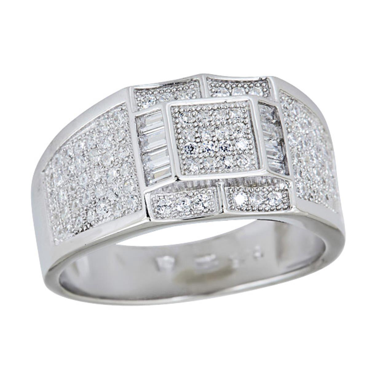 Sterling Silver Rhodium Men's Pave Square Concave Center Ring