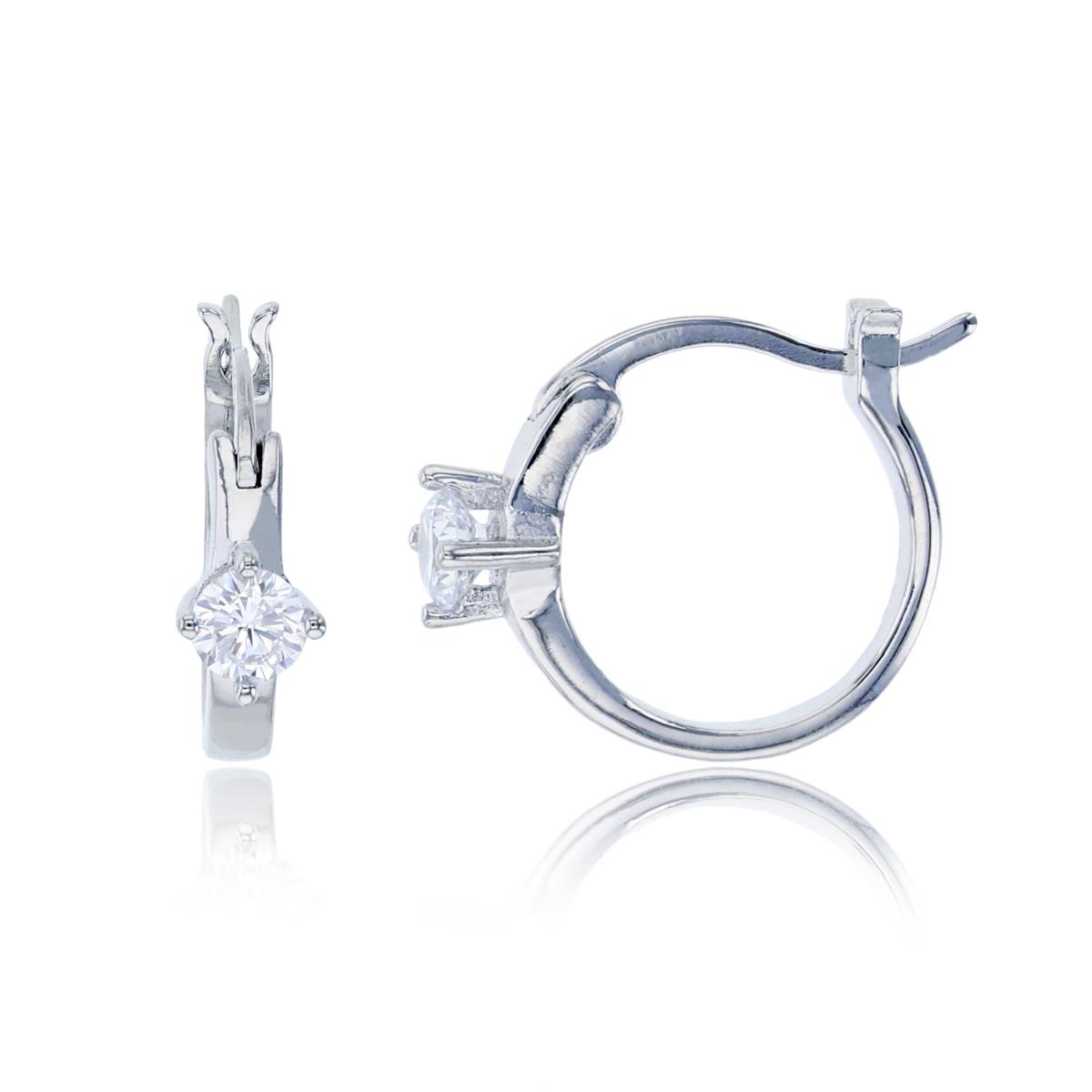 Sterling Silver Rhodium 3.5mm Round Cut CZ Solitaire 13x4mm Hoop Earring