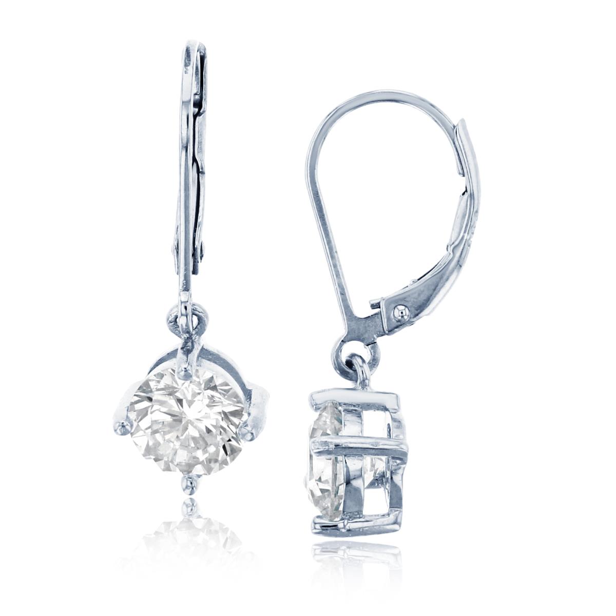 Sterling Silver Rhodium 8mm Round Cut CZ Lever-Back Dangling Earring