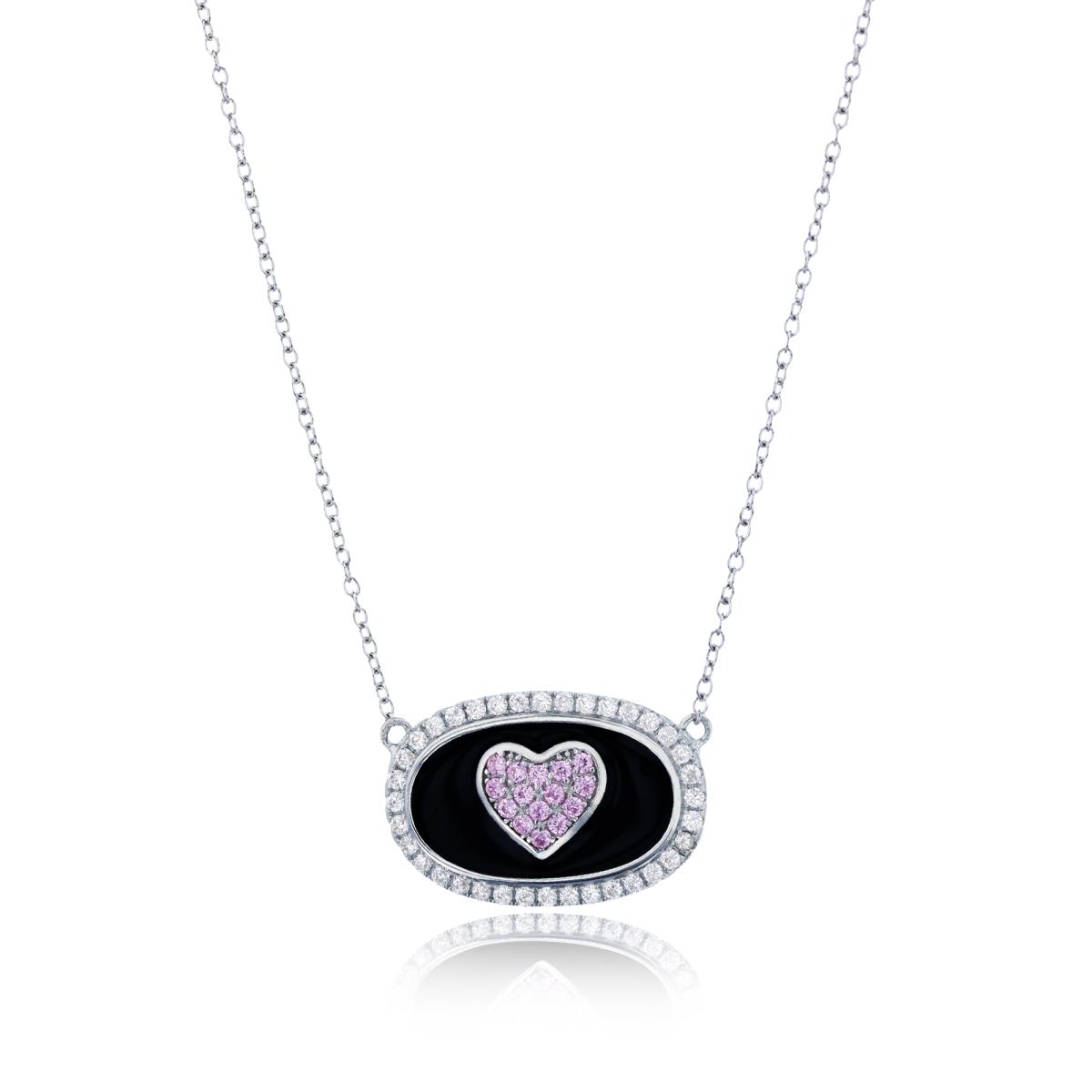 Sterling Silver Rhodium 20x13mm Micropave Pink Heart & Black Enamel Background White CZ Oval Frame 18"+2" Necklace