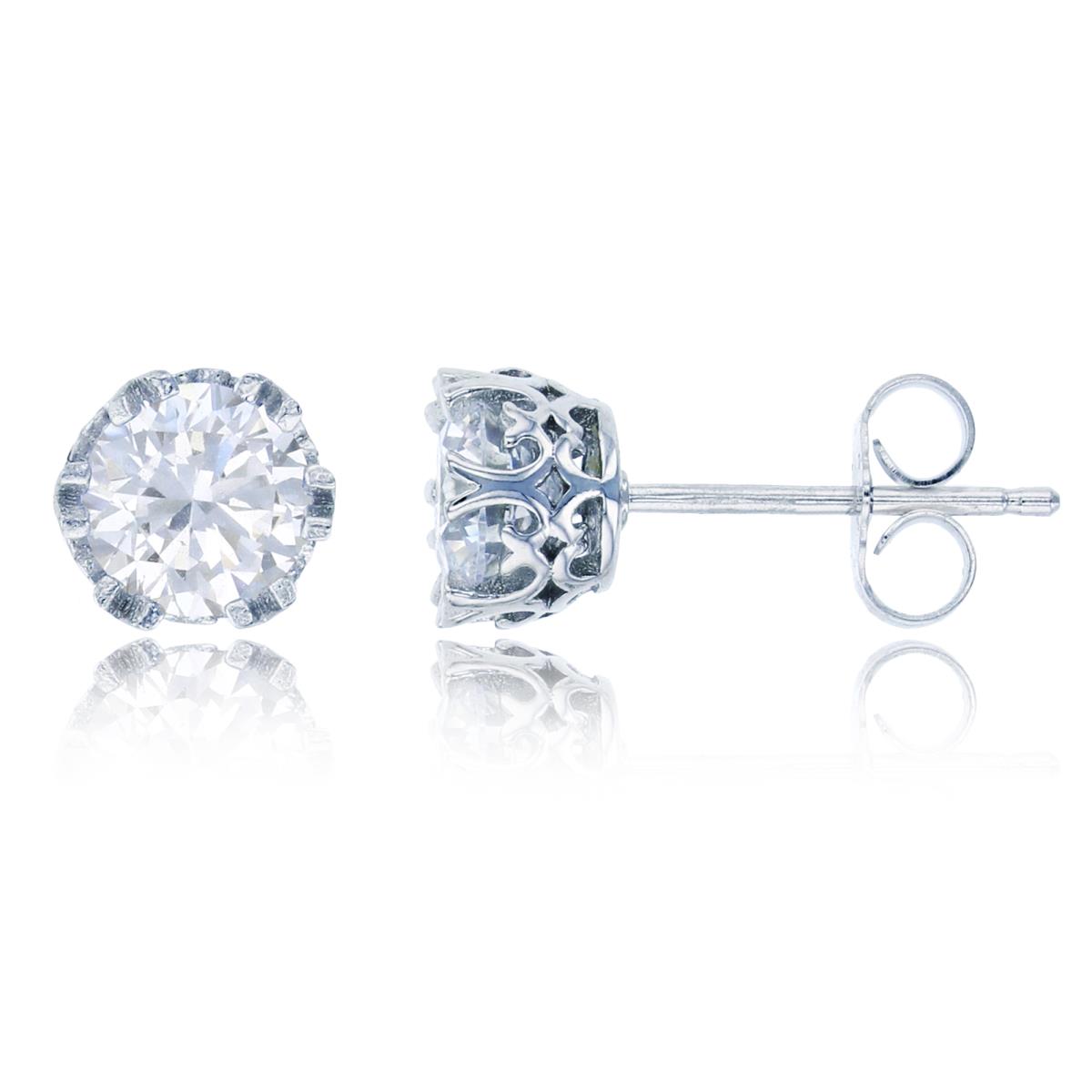 Sterling Silver Rhodium 6mm Round Cut CZ Crown Setting Solitaire Stud Earring