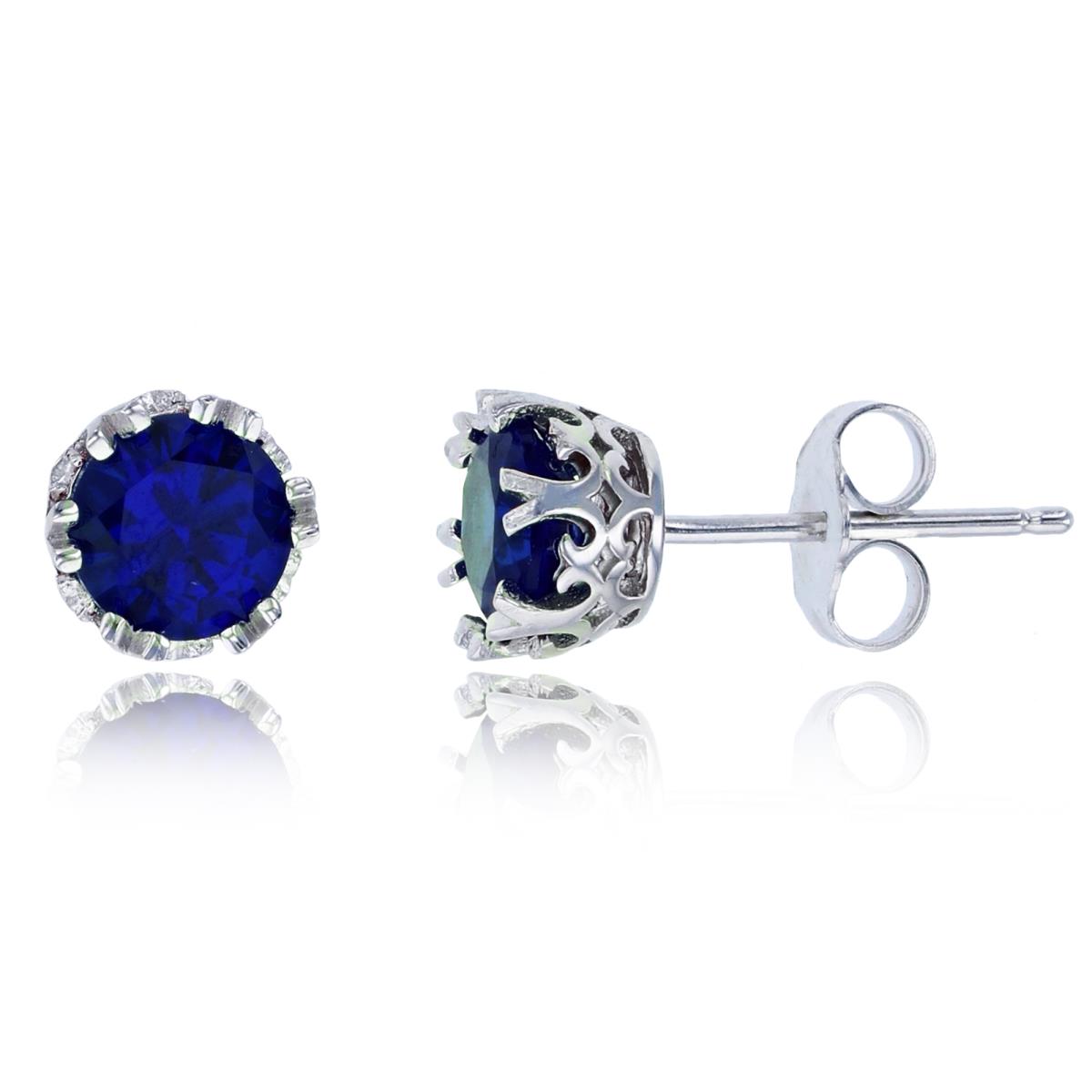 Sterling Silver Rhodium 6mm Sapphire Round Cut CZ Crown Setting Solitaire Stud Earring