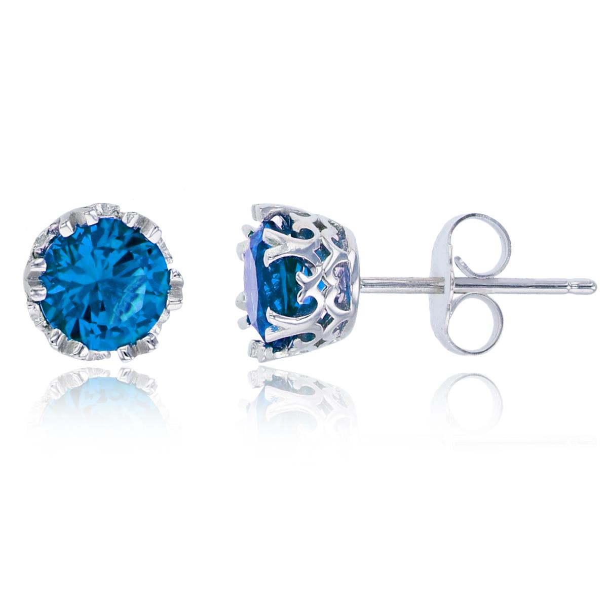 Sterling Silver Rhodium 6mm Swiss Blue Round Cut CZ Crown Setting Solitaire Stud Earring