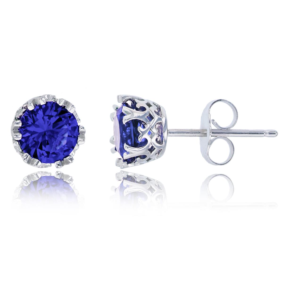 Sterling Silver Rhodium 6mm Tanzanite Round Cut CZ Crown Setting Solitaire Stud Earring